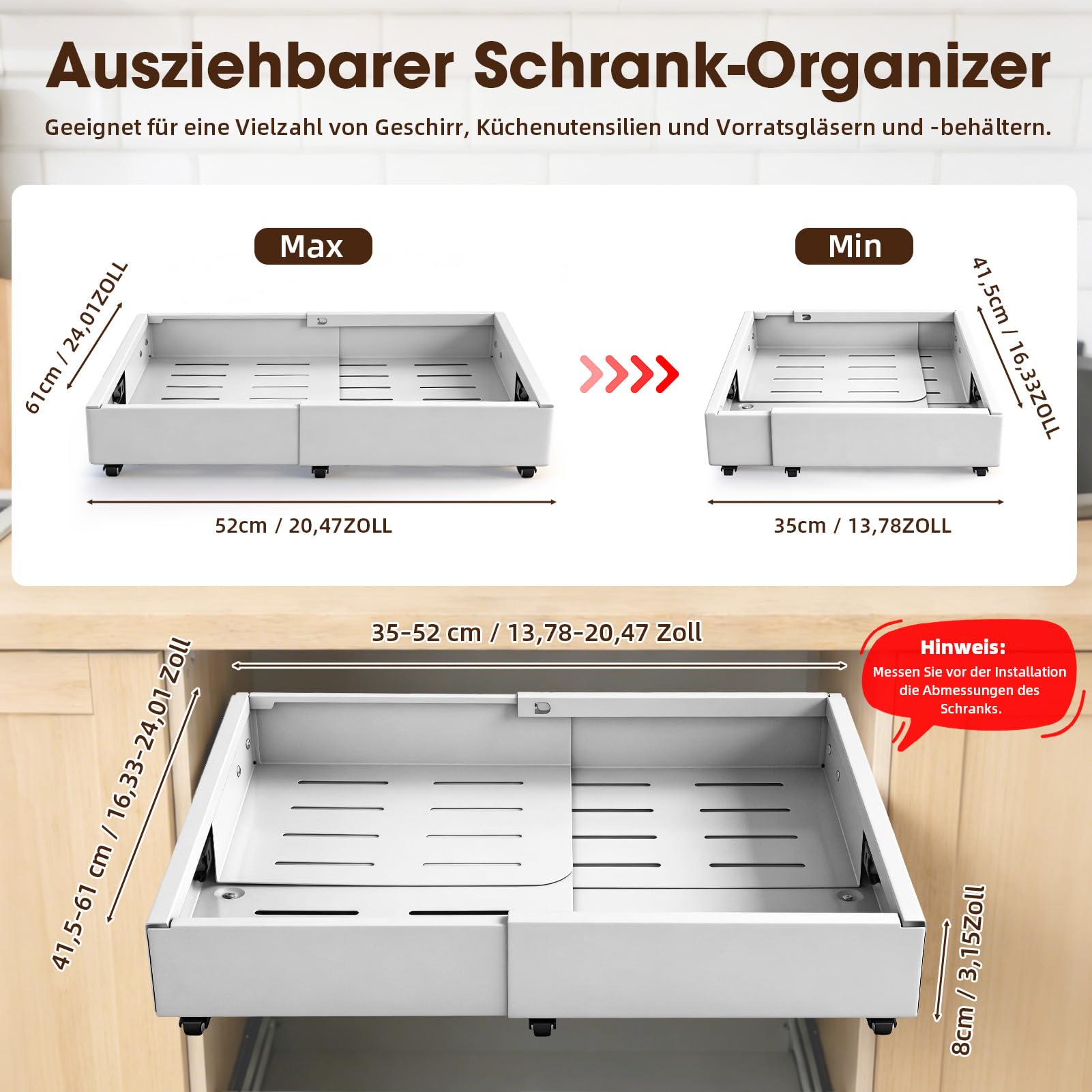 2 Stück 4 Richtungen Teleskopschublade,Metall Schrank-Schubladen-Organizer,erweiterbar ausziehbare schublade küche mit Kleber,Breite 29.5–48cm & Tiefe 41.5–58cm,für Küche Pantry Organisation