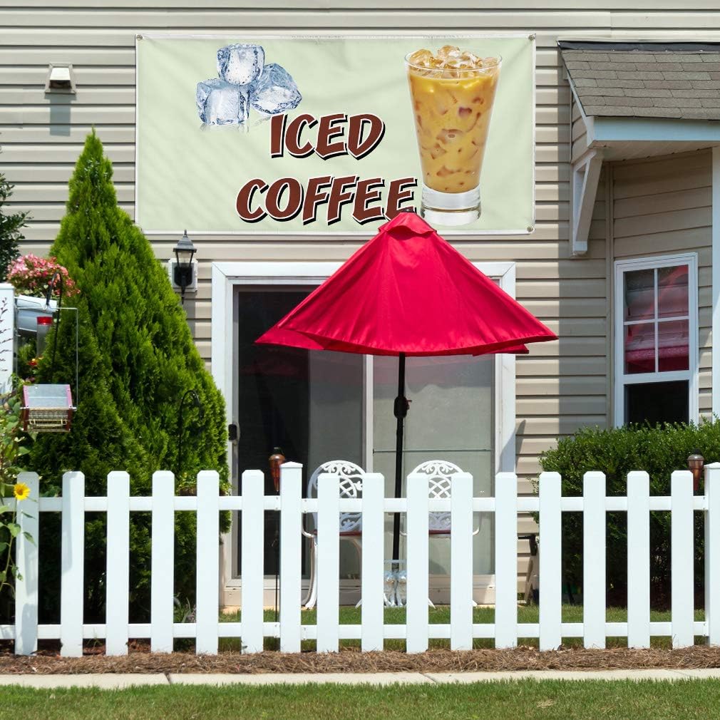 Vinyl Banner Multiple Sizes Iced Coffee Restaurant Cafe Bar D Restaurant & Food Outdoor Weatherproof Industrial Yard Signs White 4 Grommets 24x36Inches