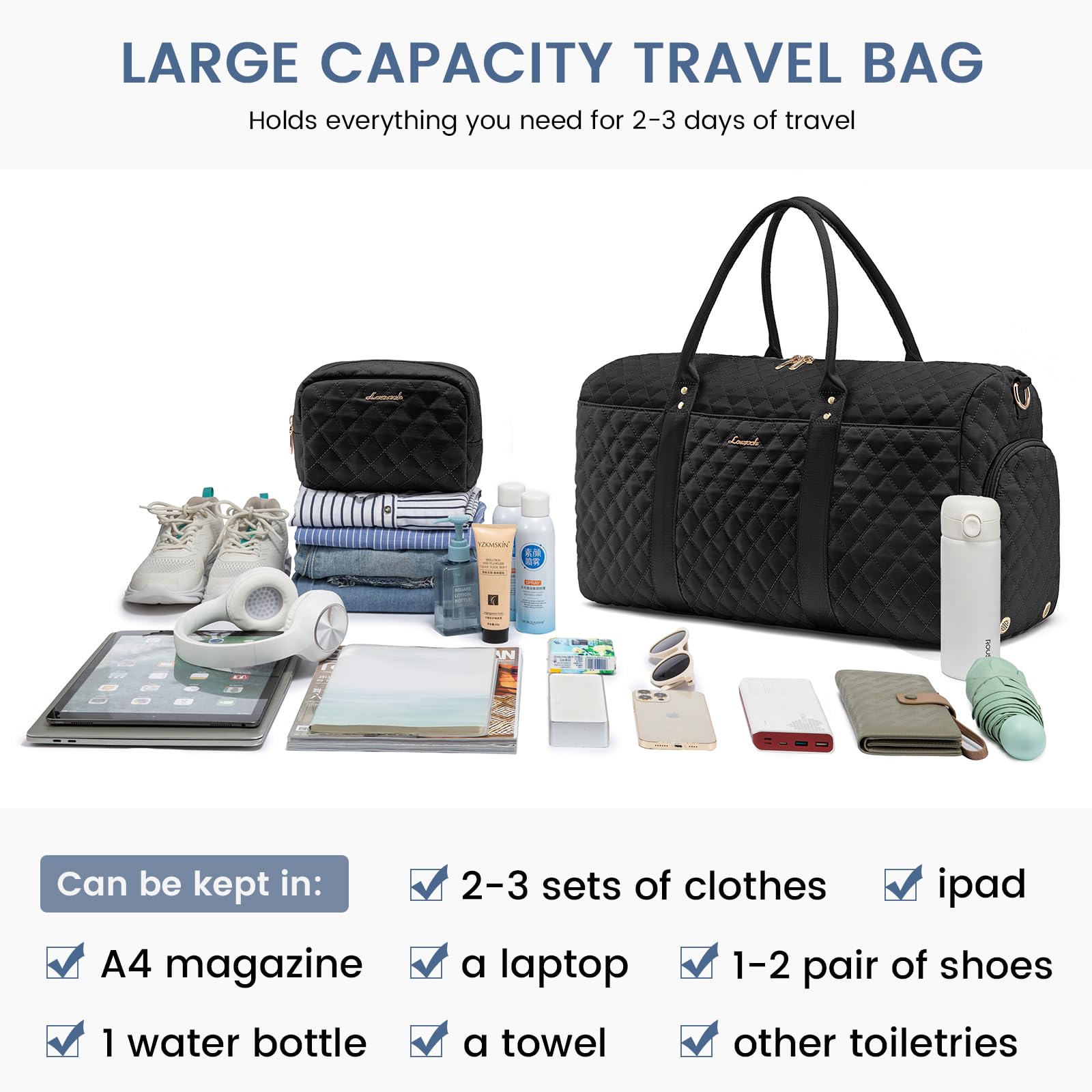 Bolsa de viaje con compartimento para zapatos, bolsas de fin de semana para mujeres con bolsa de aseo personal, bolsa de lona para gimnasio con bolsillo húmedo, bolsas de hospital para 7