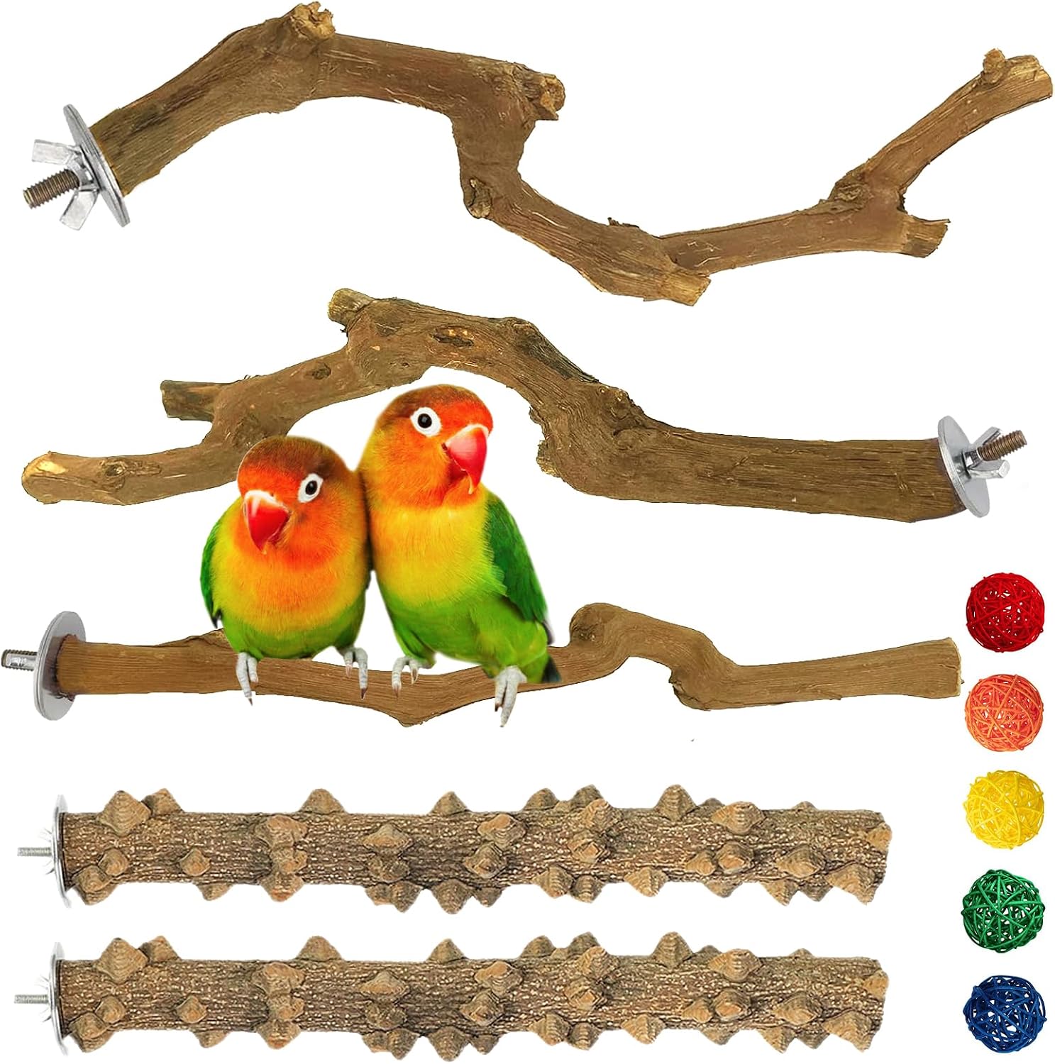 kathson Natural Parrot Perch Bird Stand Pole Wild Grape Stick Paw Grinding Fork Parakeet Climbing Standing Branches Toy Chewable Cage Accessories for Small Budgies Cockatiels Lovebirds 3PCS