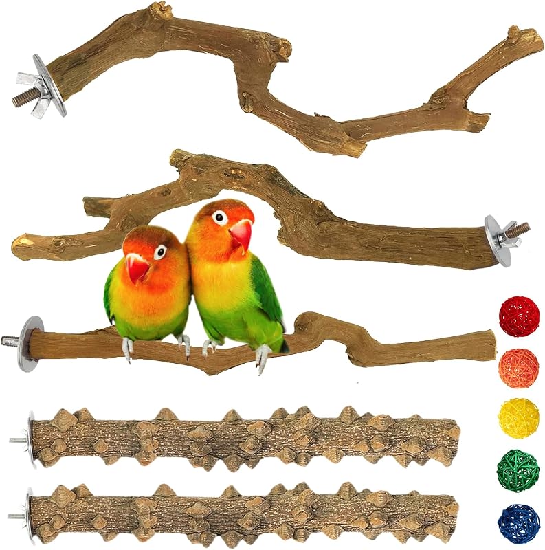 Poleiros de Madeira Natural kathson para Aves com Galhos de Videira e Madeira de Pimenta, 5 Peças
