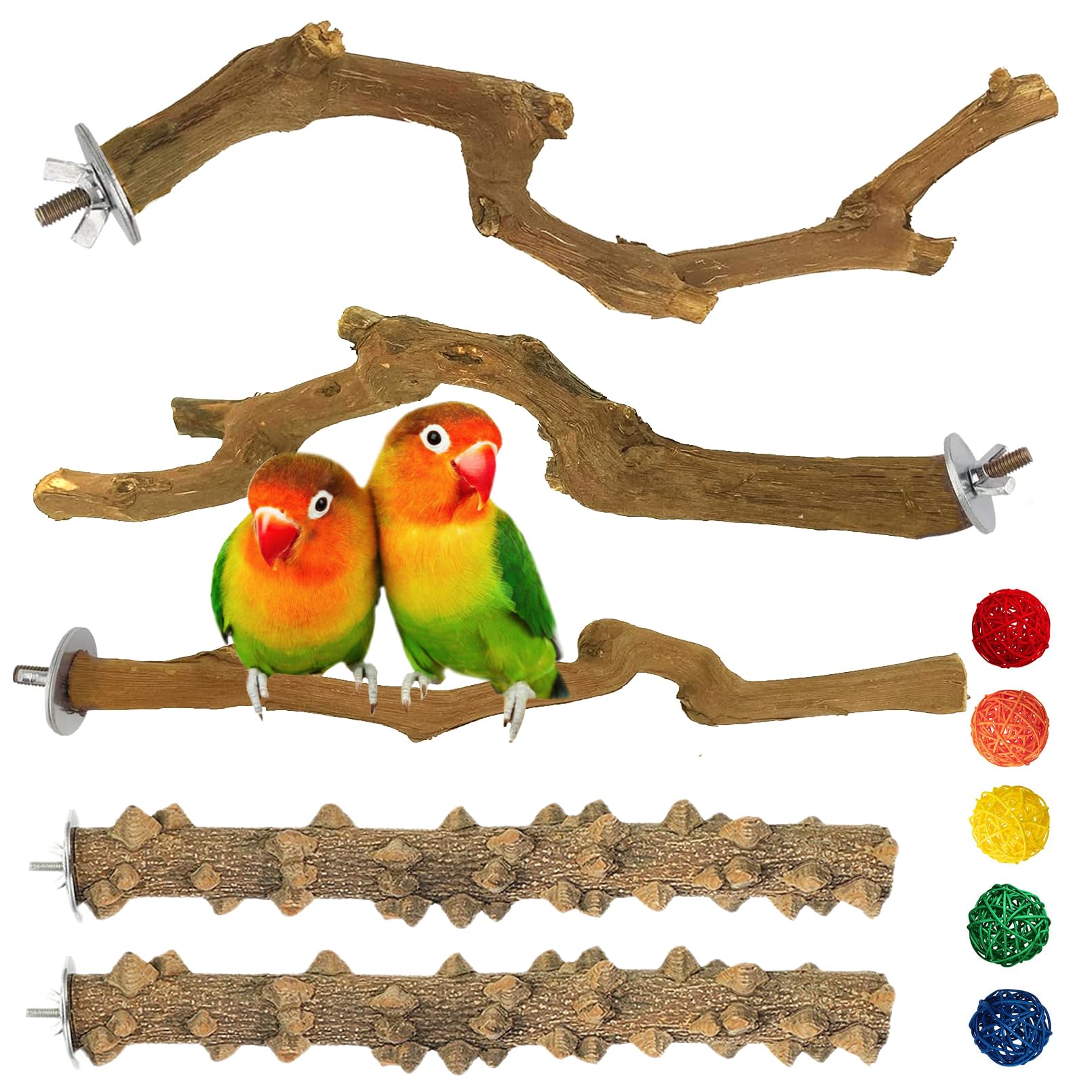 kathson 5pcs Natural Parrot Perch for Cage Wooden Bird Perches Grape Bird Stick Parakeet Climbing Standing Branches Toy Chewable Cage Accessories for Small Budgies Cockatiels Lovebirds Budgies