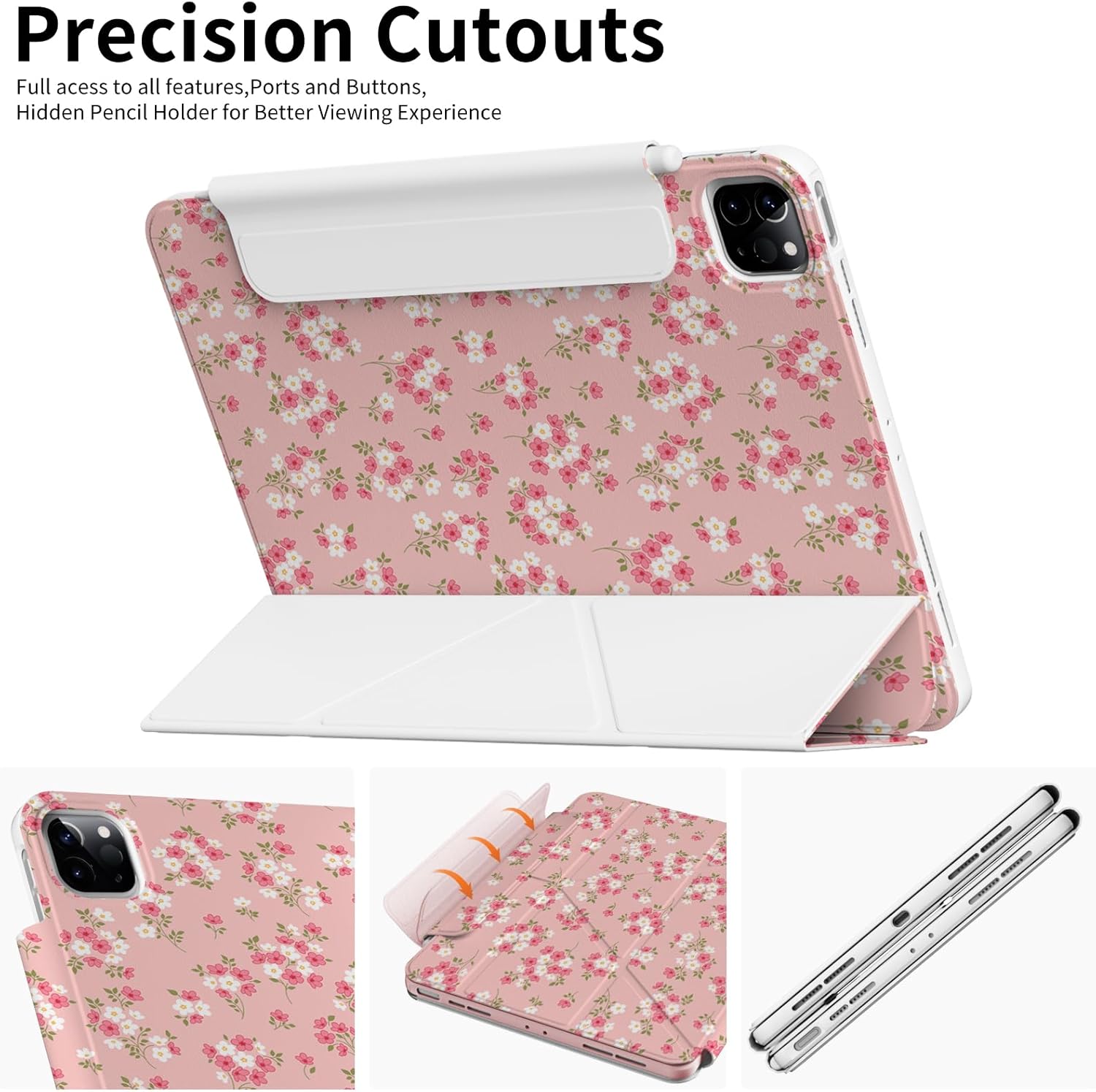 Case for iPad Air 13 Inch M3 (2025)/ M2 (2024) Chip, iPad Pro 12.9” 6th/5th/4th/3rd Generation Case, Origami Trifold Multi-Angle Stand, Magnetic Flap, Full-Protection Cover, Pink Ditsy Floral