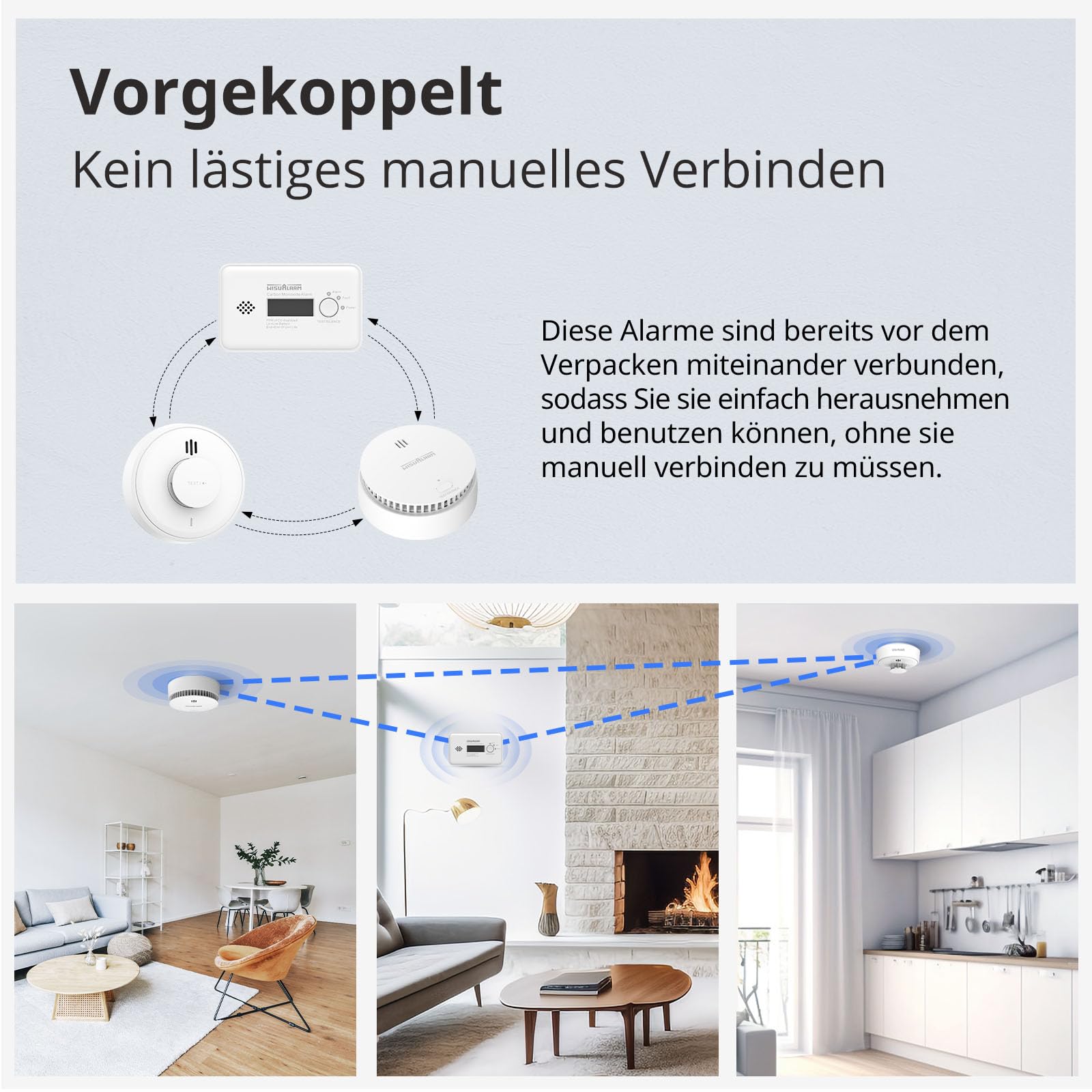 Wisualarm Vernetzter Rauchmelder, Wärme- und Kohlenmonoxid-Alarm-Set, vorverknüpft, konform mit Schottland und England, Fernbedienung (1 Rauchmelder+1 Hitzemelder+1 CO)