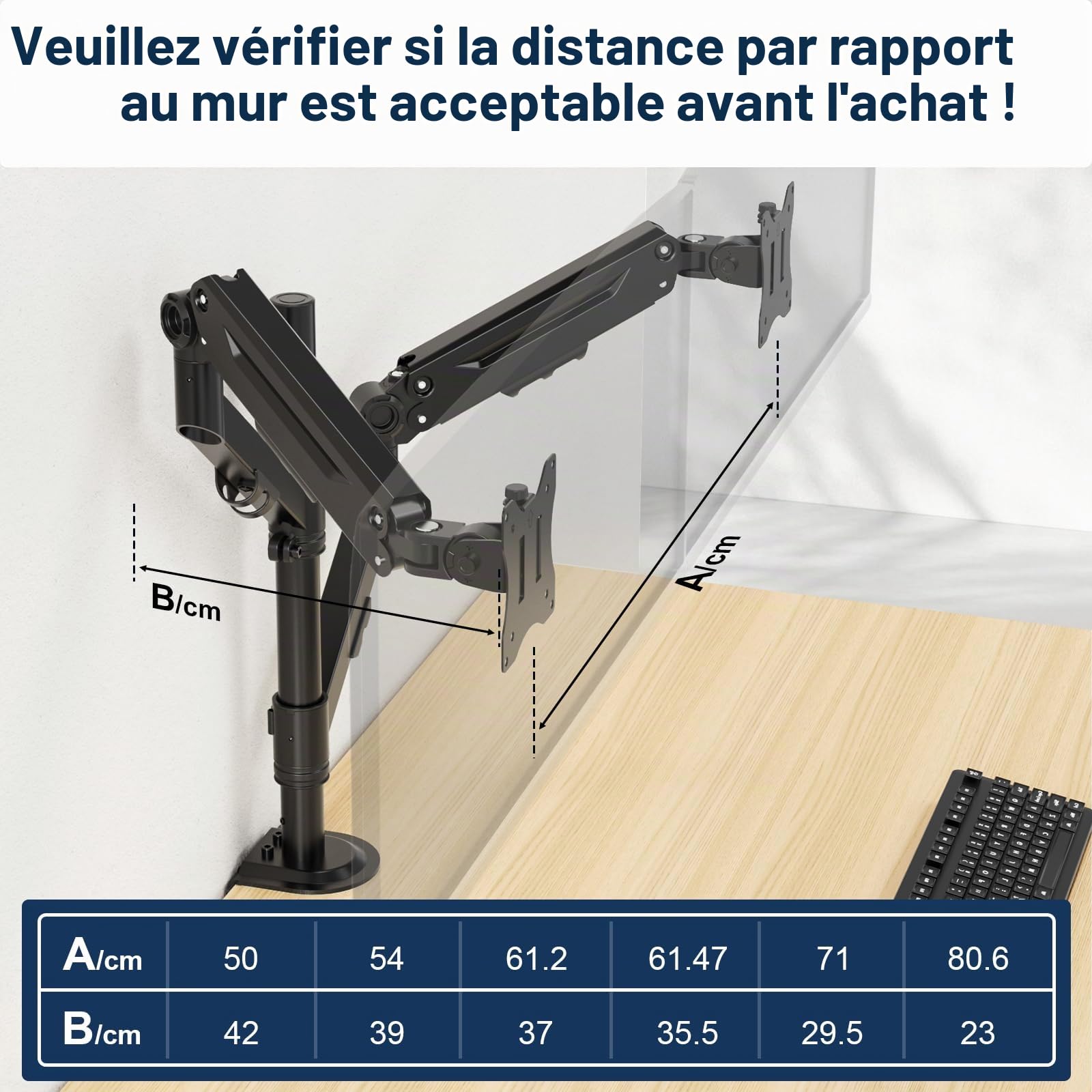 Support Double Moniteur pour 17 à 40 Pouces, supporte jusqu'à 12 kg, Bras de Moniteur pour 2 moniteurs placés verticalement/parallèlement, Montage VESA 75/100 mm