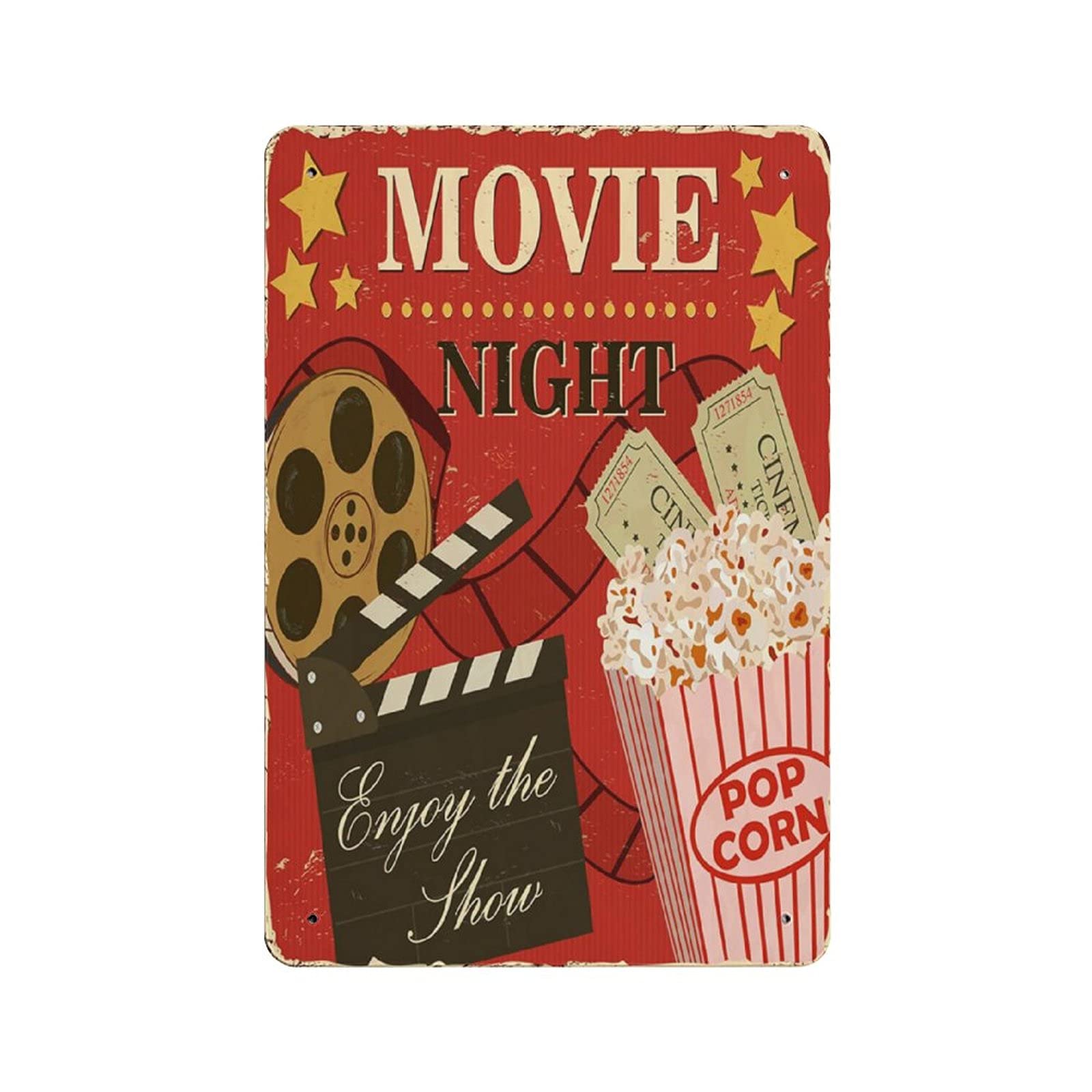 Metal Tin Sign Movie Night with Popcorn Vintage Tin Poster Metal Sign Wall Decoration Country Kitchen Home Garage Decor 12"x8"