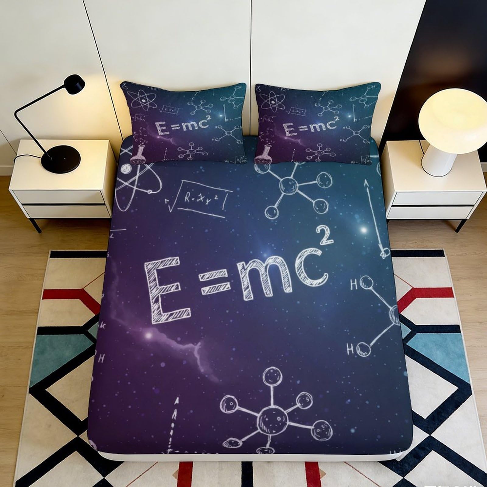 3D Printed Science Formula Fitted Sheet Microfiber Anti-Slip Bed Cover Galaxy Chemistry Bedroom Dorm Protector Decor 90x200x25cm
