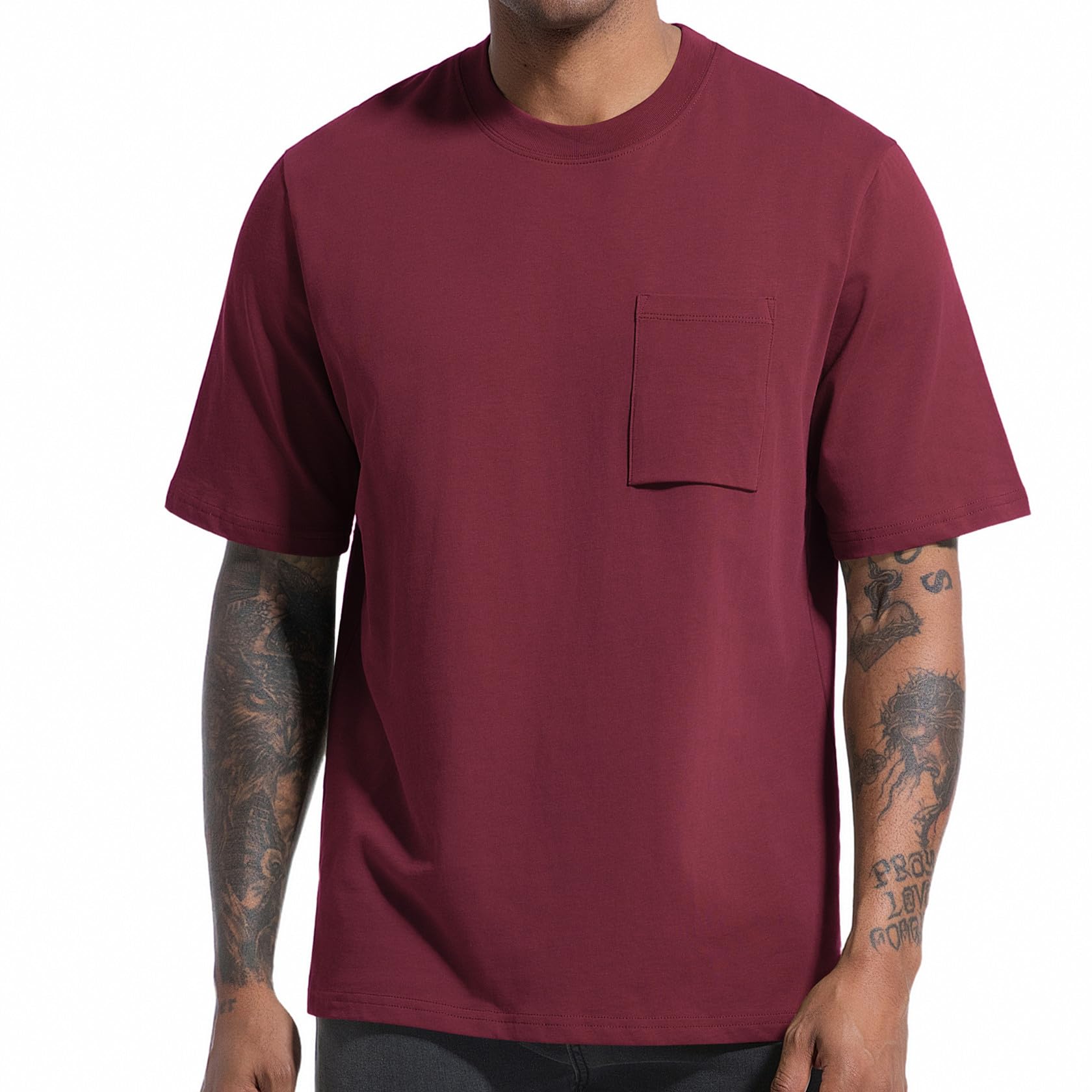 VEIISAR Men's Loose Fit Heavyweight Short-Sleeve Pocket T-Shirt - Mens 100 Cotton Crew Neck Thick Tees