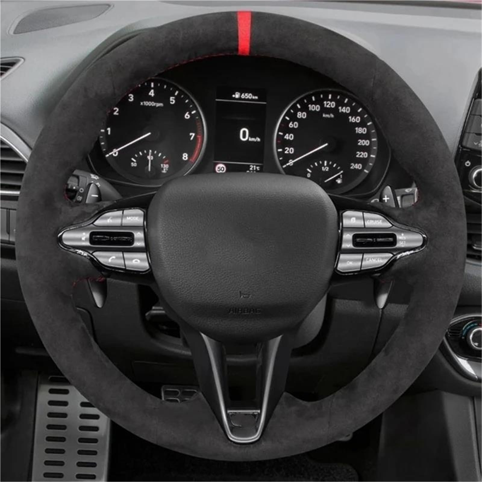 Lenkradbezug rutschfeste Schwarze Wildleder-Leder-Geflecht-Auto-Lenkradabdeckung Für Hyundai Für Veloster N 2019-2021 Für I30 N 2018 2019 2020 Leder Schutzhülle(Schwarzer Faden)