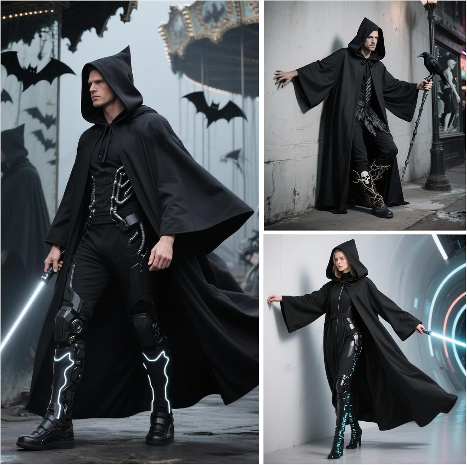 Men's Black Medieval Cloak Hooded Robe Costume - Halloween Cosplay Knight Cape Tunic Uniform for Adults - Image 7