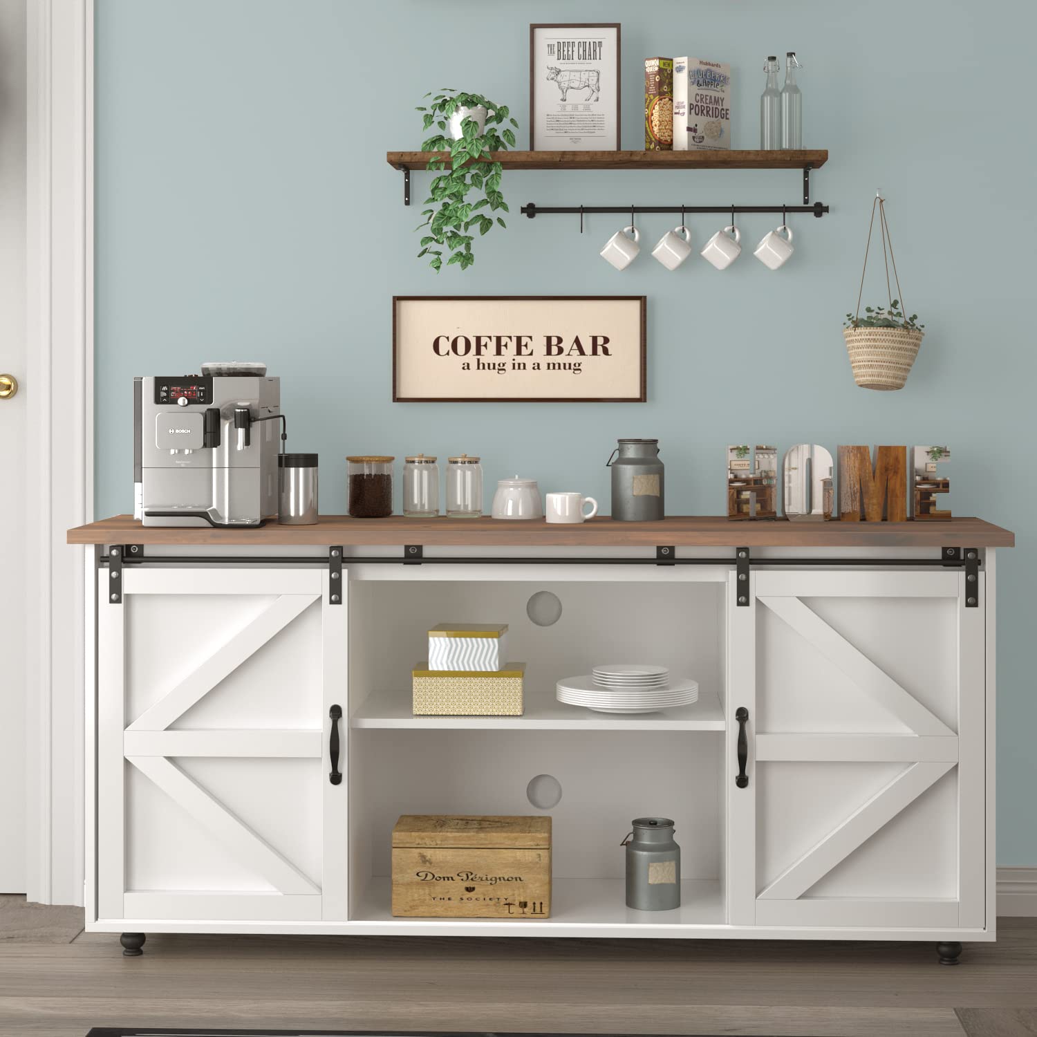 Buy White Coffee Bar with Sliding Barn Door, 58” Farmhouse