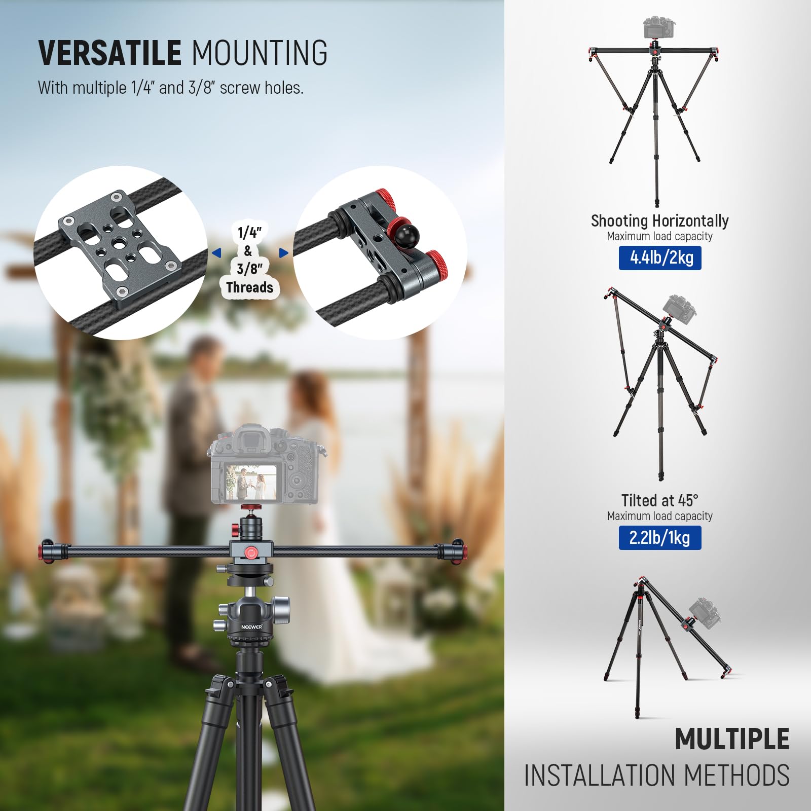 NEEWER - Deslizador de cámara de Fibra de Carbono, 60 cm con rótula de 360 °/Pinza para teléfono/Soporte de cámara de acción, Carril Dolly Rail con 4 rodamientos y pie, Compatible con GoPro Insta360