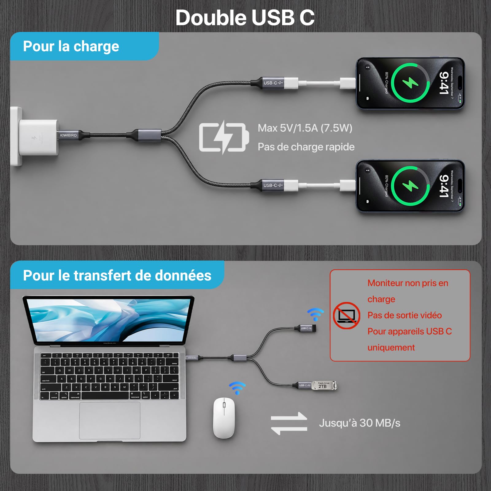 Adaptateur Double USB C mâle vers femelle KiwiBird pour charge données ordinateur portable Mac