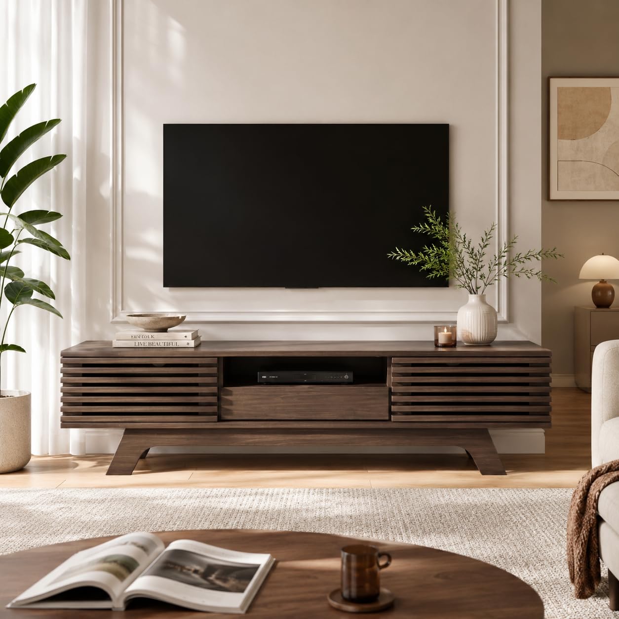 Szafka pod telewizor 150 cm, komoda z 2 drzwiami i szufladą, nowoczesny stolik pod telewizor z otwartą przestrzenią do przechowywania, szafka pod telewizor do 65 cali