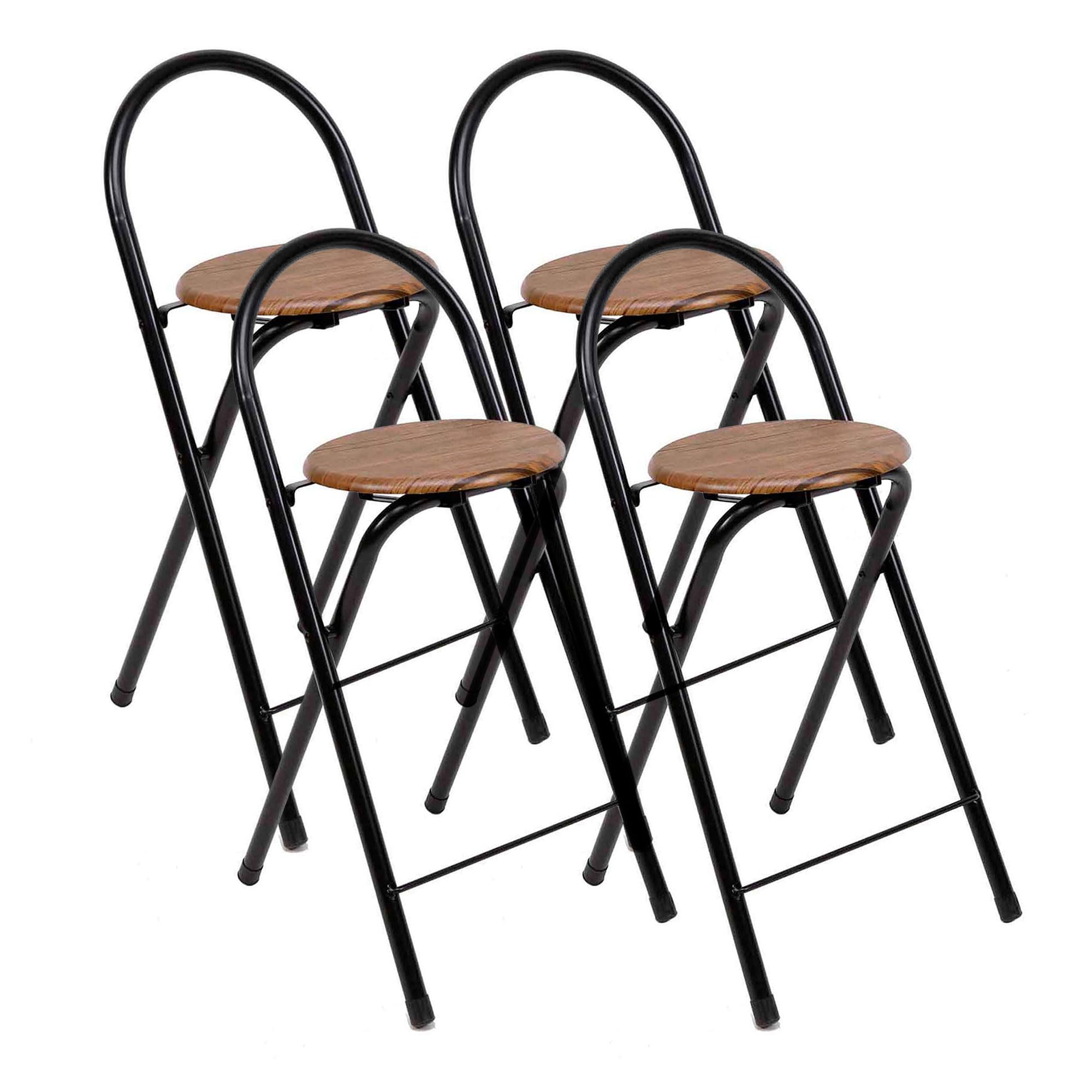 THE SECRET HOME - Pack de 4 Taburetes Plegables de Cocina - Asiento Plegable de Metal y Madera - Taburete Apto para Interior y Exterior (Alto: 80 cm x Largo: 40 cm - Madera Oscura/Negro)