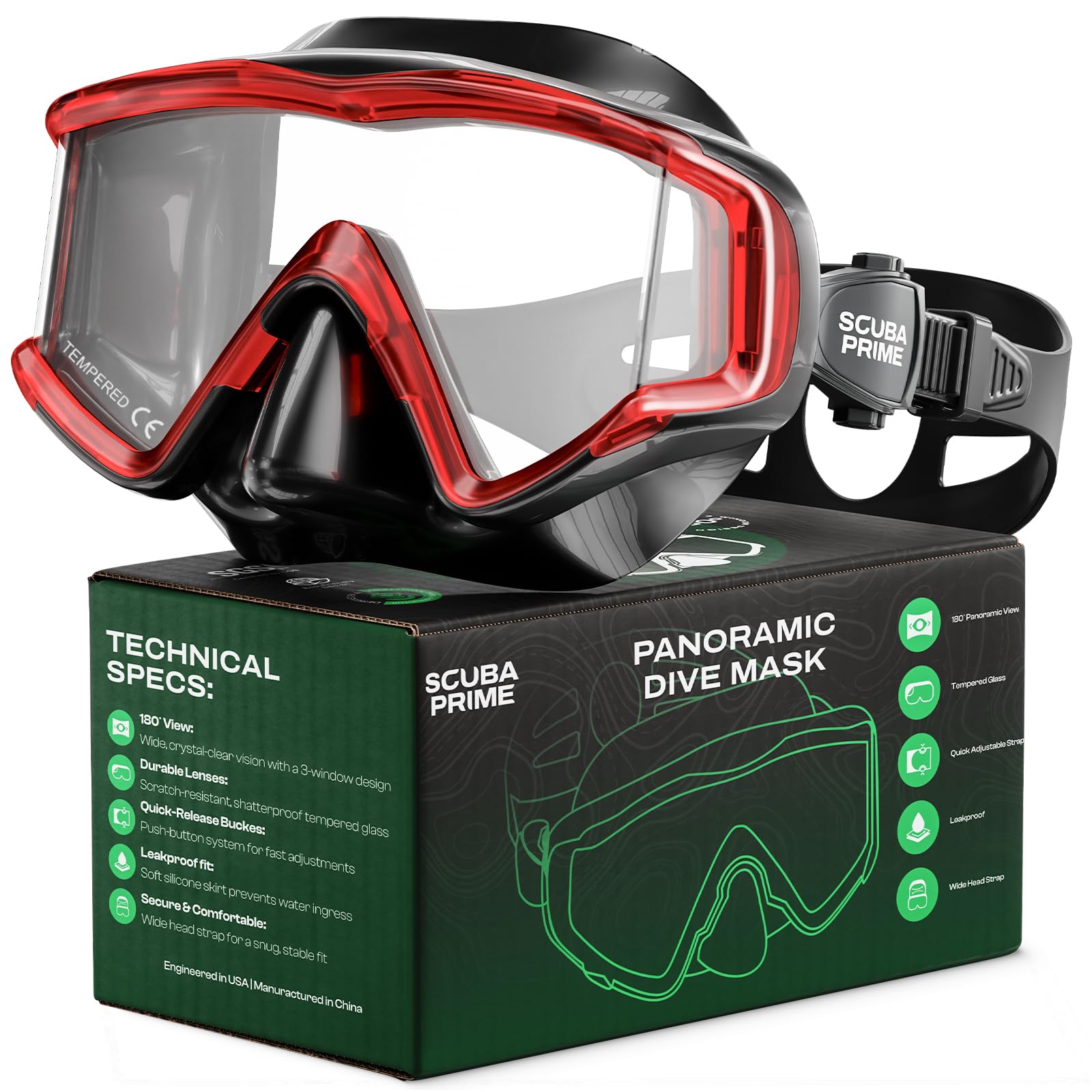 Pano 3 Scuba Diving Mask, Tempered Glass Snorkel Mask Three-Window Scuba Mask No-Leak Dive Mask Silicone Skirt Diving Mask for Snorkeling and Scuba Use