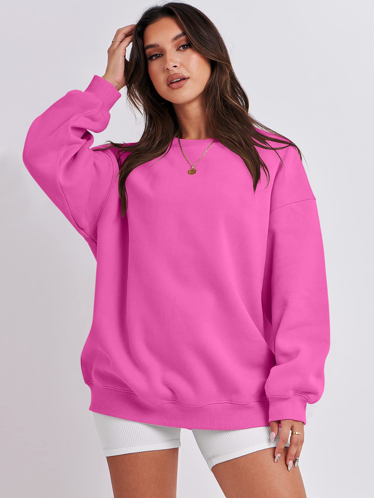 Damskie bluzy oversize bluzy z kapturem polar okrągły dekolt sweter top codzienne jesienne stroje preppy ubrania nastolatki 2024 A1019 światło, Jeden kolor, Pink_XL
