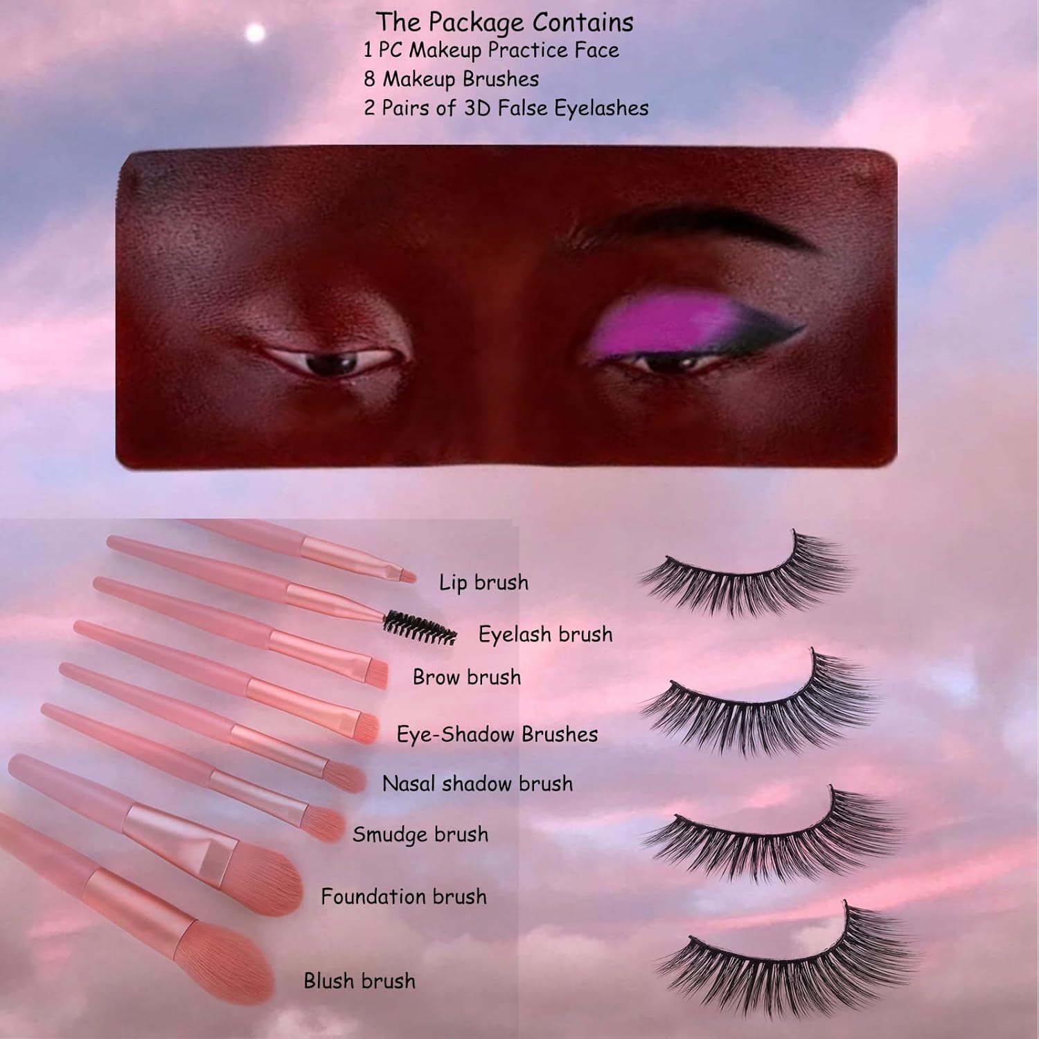 Makeup Practice Face Board - 3D Makeup Mannequin Face Silicone Face to Practice Makeup Eyeshadow Mannequin Makeup Artist Must Haves with 8 Makeup Brushes and 2 Pairs Natural 3D False Lashes(Black)