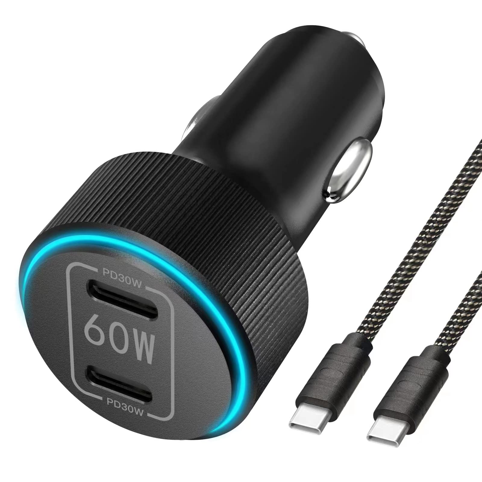 GRNLFFF Dual USB C Super Fast Car Charger, 60W Dual PD 30W All-Metal Adapter Compatible with iPhone 16/15/14/13/12/pro/pro max, iPad Pro, Samsung Galaxy S23 Ultra with 4FT Fast Type C to C Cable