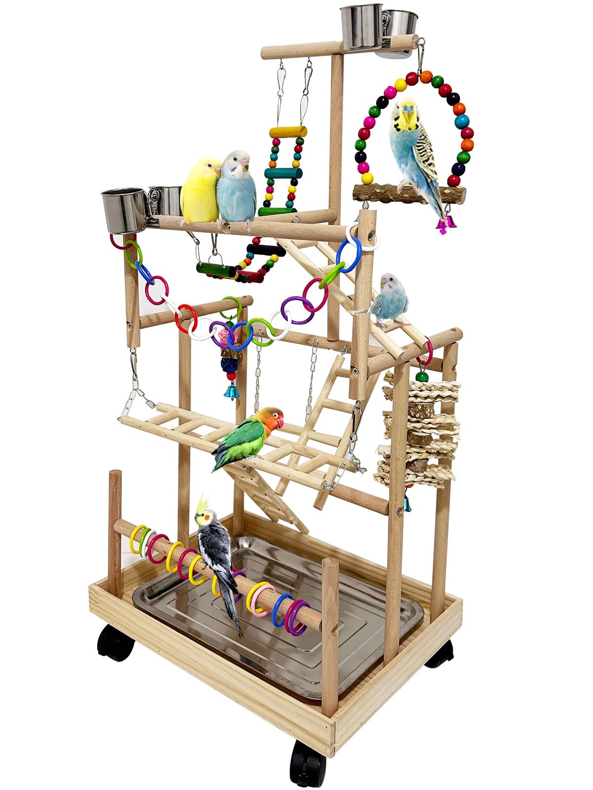 5 Layers Large Bird Playstand with Wheel, Natural Wood Parrot Playground, Parakeet Perch Stand Small Bird Playgym with Ladder Toy Accessories for Cockatiel Cockatoo Finch Budgie Lovebird
