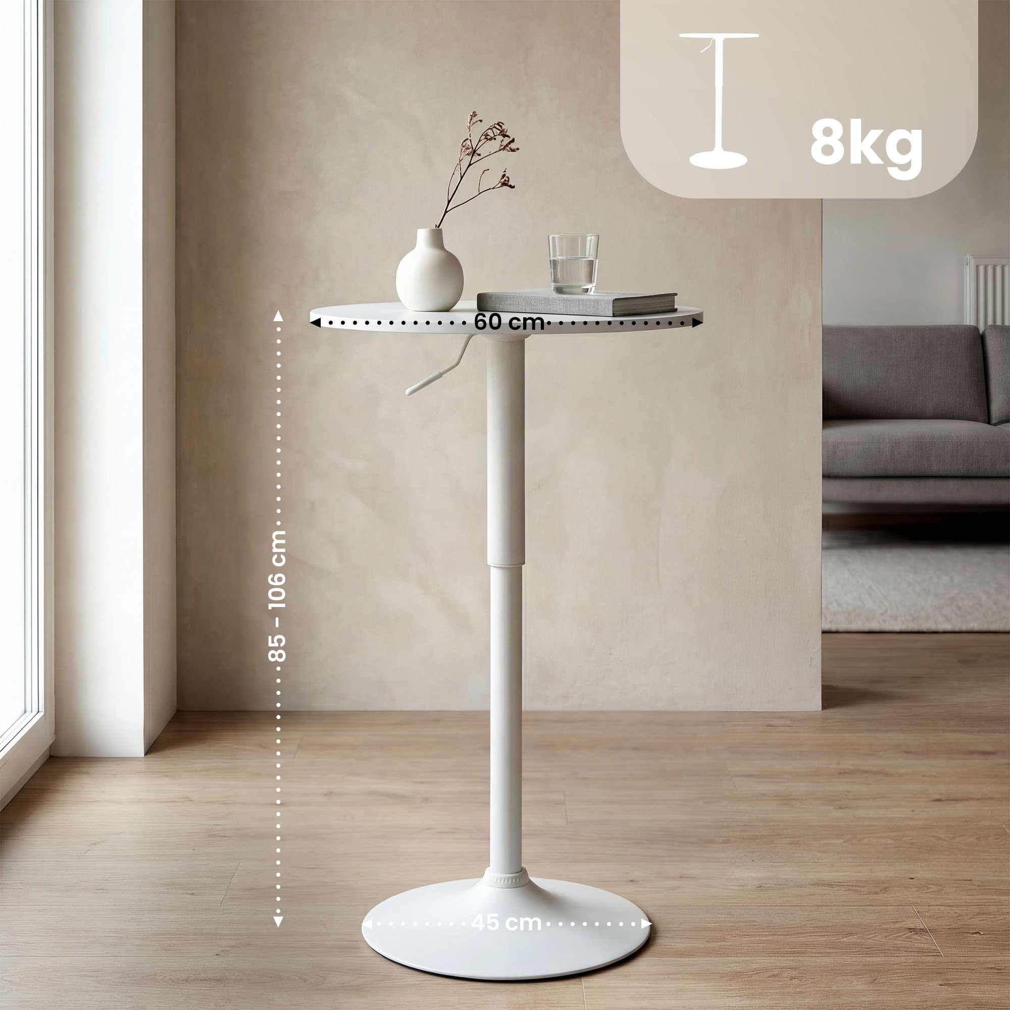 CLP Table Haute Lamoni Ronde 60cm, reglable en Hauteur sans palier, pivotante 360°, Table Bar & Bistro, Pied Metal Stable, Protection Sol, Couleur:Blanc/Blanc, Forme:Rond