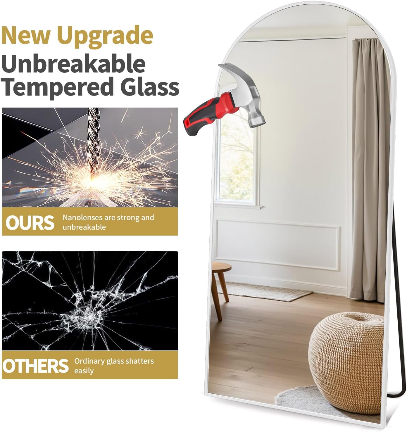 Full Length Mirror, 71"x30" Arched-Top Floor Mirrors, Modern Full Body Mirrors with Stand, Wall Mirror with Aluminum Alloy Frame for Bedroom,Living Room, White - Image 6