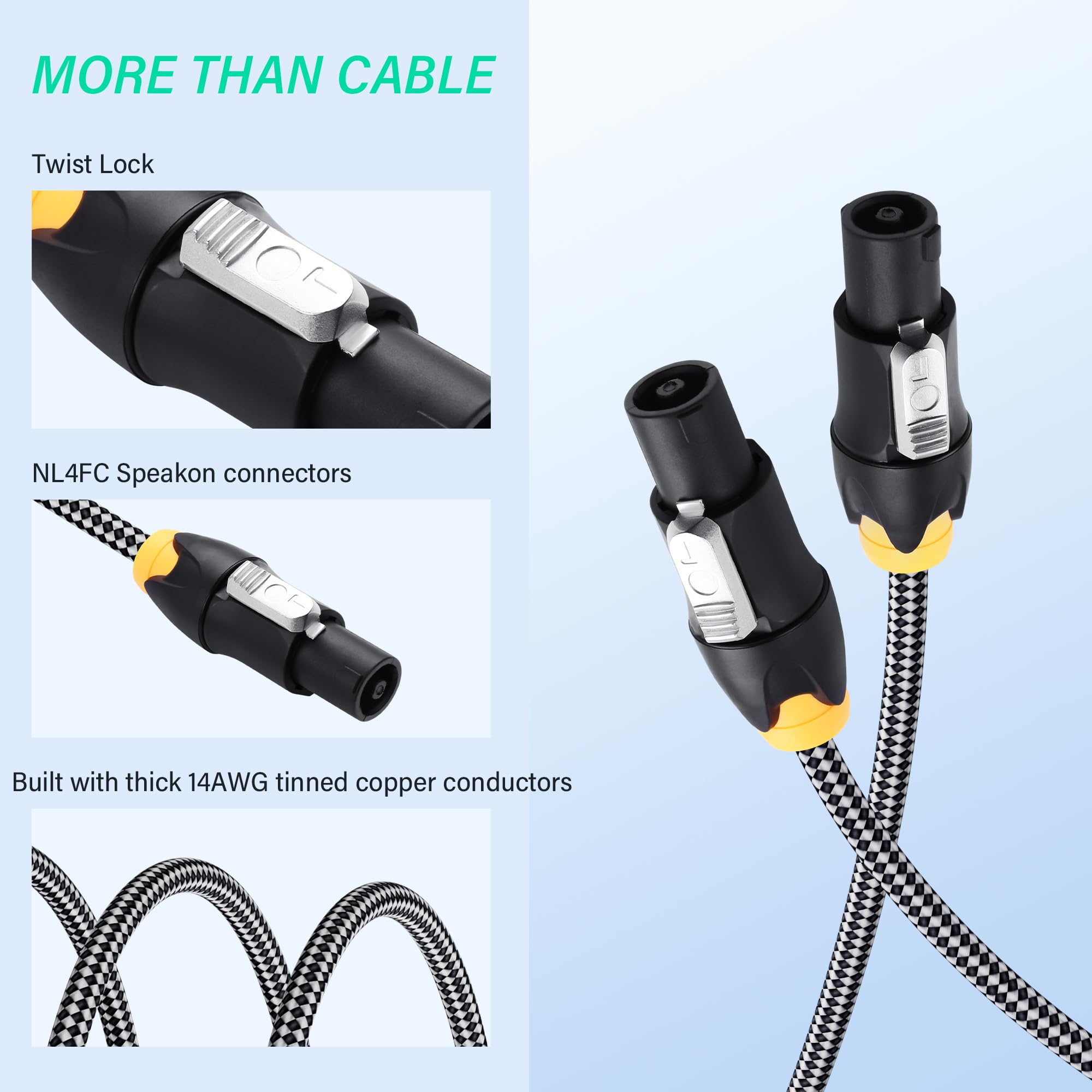 SinLoon Speakon - Cavo per altoparlante 3 m/10 FT, 14 AWG, cavo audio ad alta resistenza con treccia e connettori di bloccaggio per amplificatori