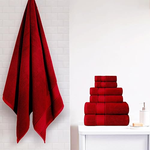 Miniatura 4 de COZYART Juego de 6 toallas de baño rojas, de lujo, 100% algodón turco de 22.16 ozm, calidad de hotel, suaves, absorbentes, juegos de toallas para