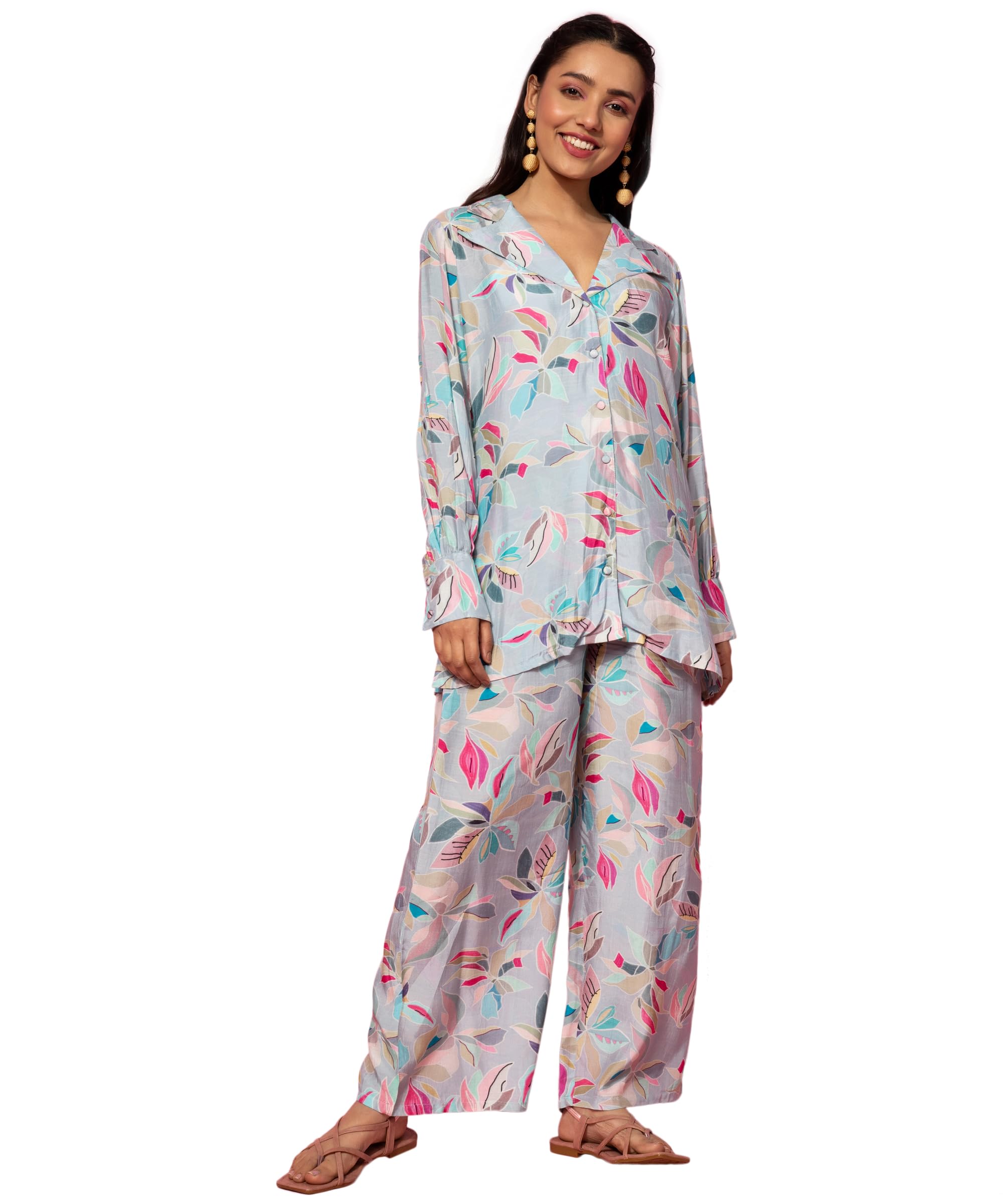 Women's Grey Printed Silk Blend Co-Ords (Pack of 2) (35530