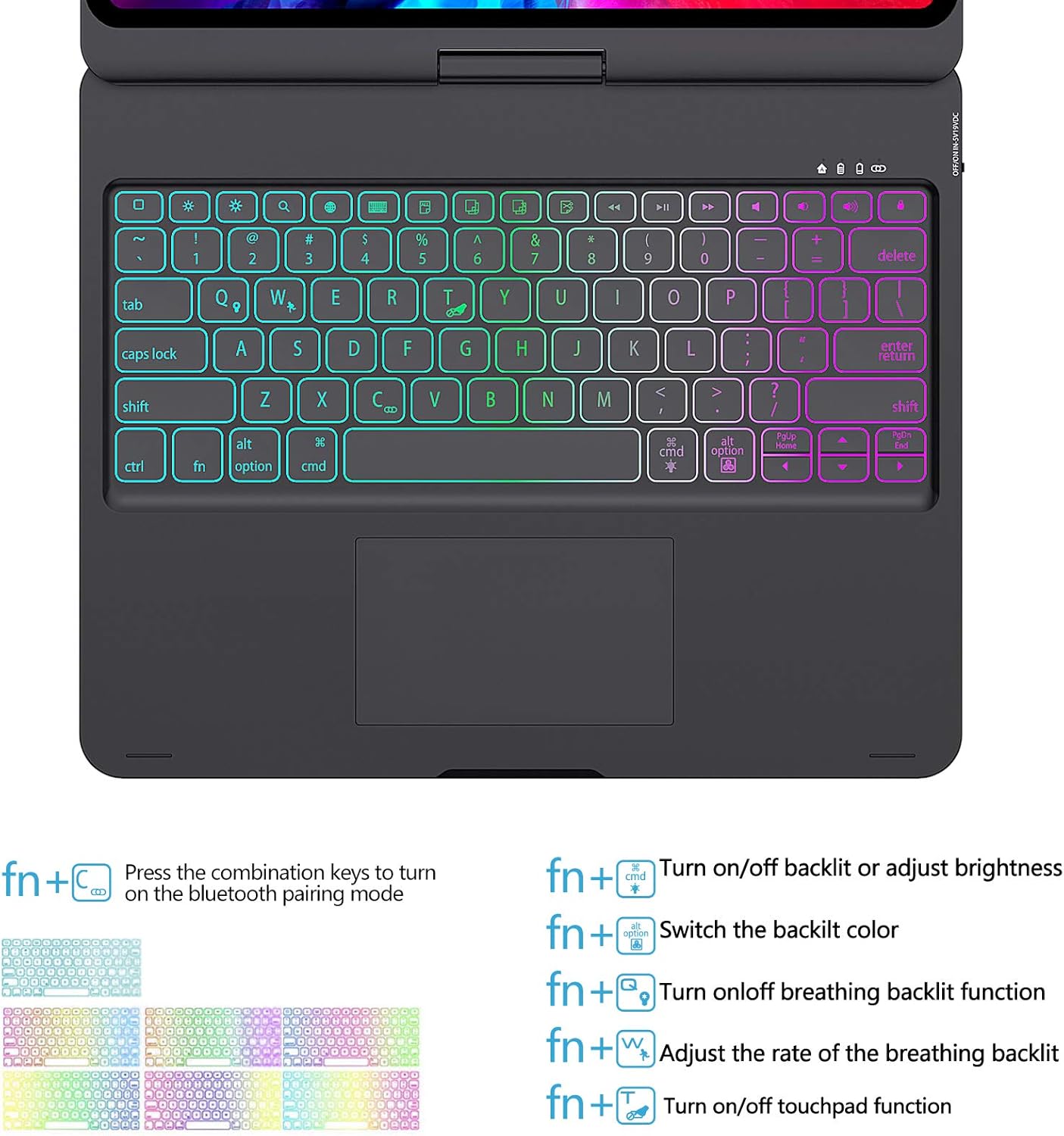 Crеаtіvе Prоduсt Pad Pro 12.9 Case 2020 with Keyboard, Touchpad Keyboard Case for iPad Pro 12.9 2020 4th Generation/2018 3th Gen- Rainbow Backlight- 360° Rotatable- Wireless Apple Pencil Charging (Black)