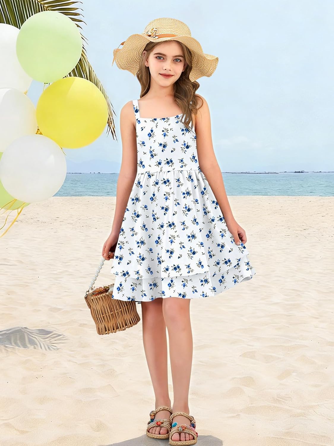 Girls Dress Sundresses Shirred Ruched Tiered Ruffle Swing Flowy Strap Summer Tween Dresses 5-14 Years
