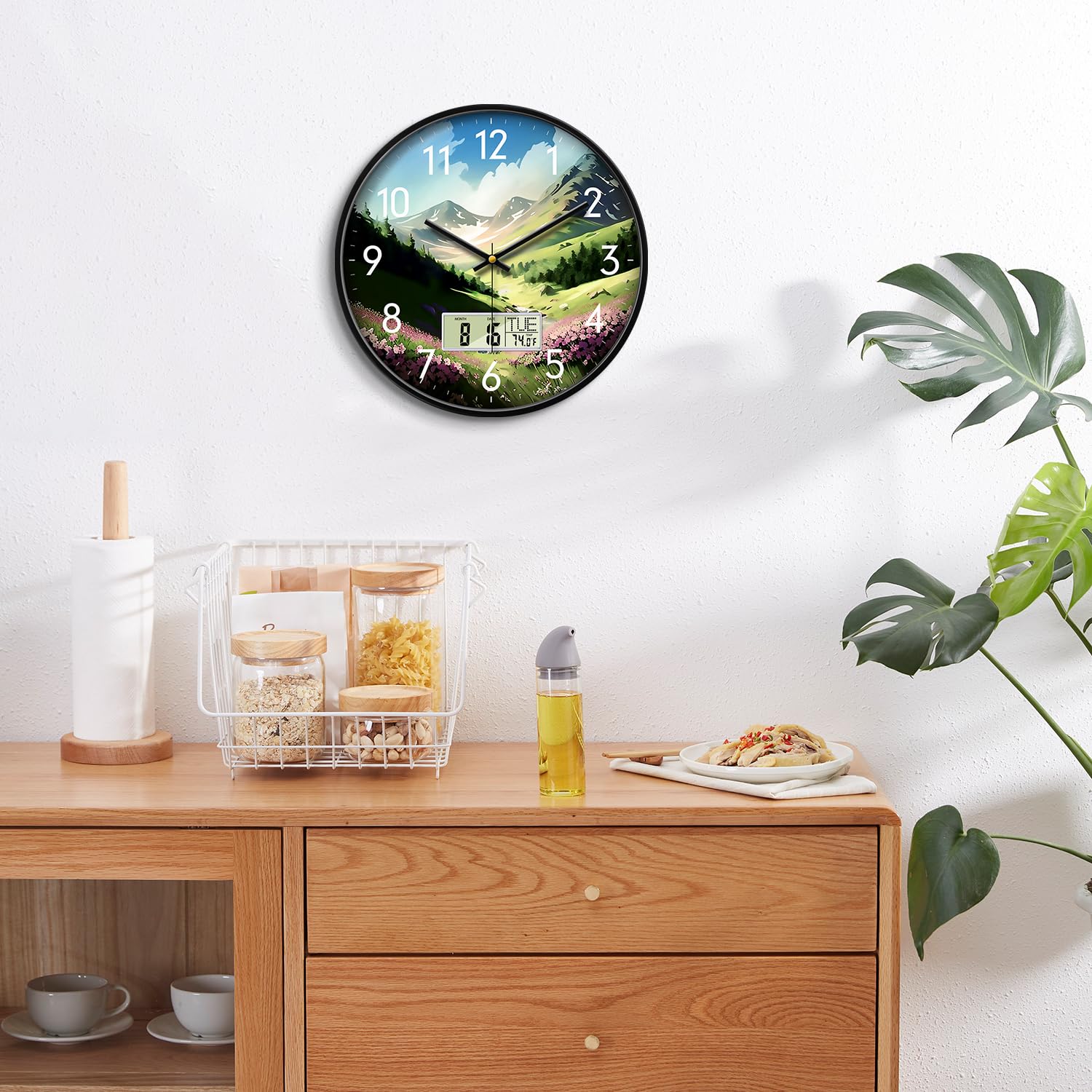 SCOAGE Digital Large Display Silent Wall Clock with Temperature Date Mountain Flowers Modern Non-ticking Battery Operated Mount Clocks Bathroom Kitchen Clock Farmhouse Living Room Office Decor 12 Inch