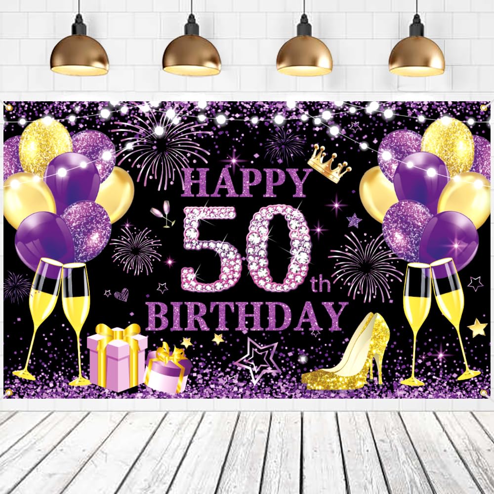 LYMEILI Happy 50th Birthday Backdrop Banner Decoration Supplies Anniversary Party Photo Background Flash Purple Gold Black Birthday Banner Background
