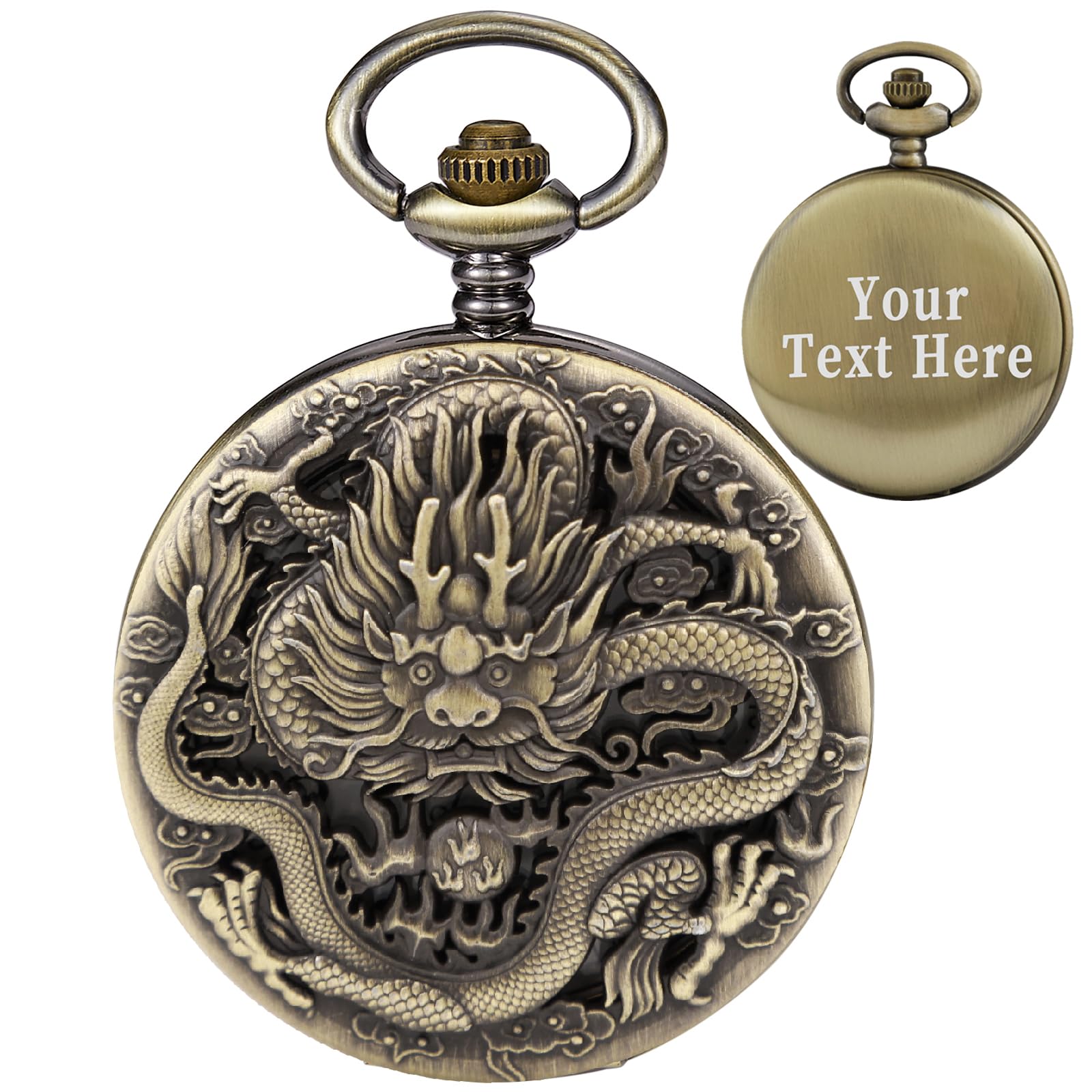 Alwesam Custom Dragon 3D Pattern Design Quartz Personalized Pocket Watch with Chain Best Gifts for Men Women