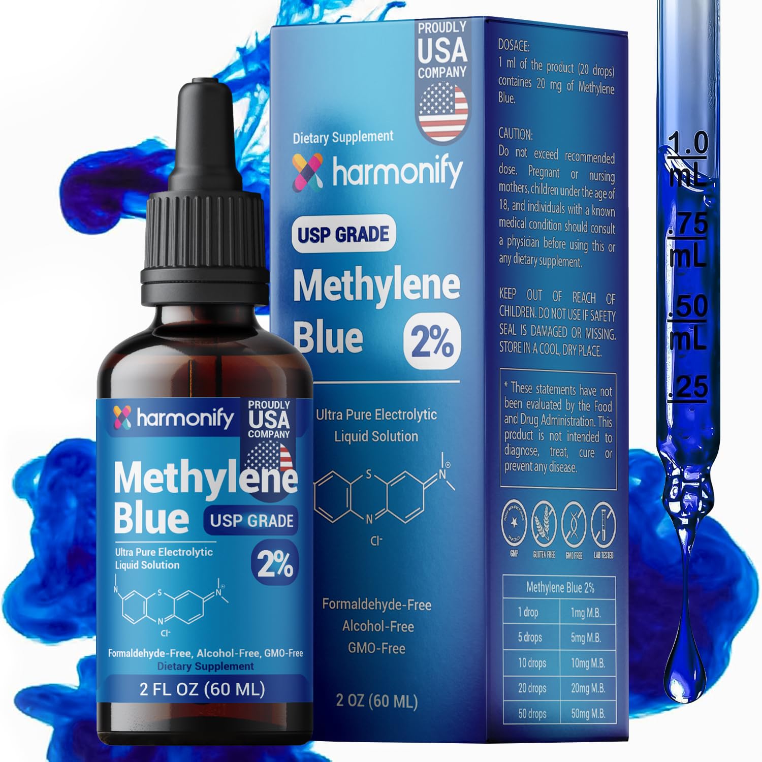 HARMONIFY Methylene Blue USP Grade%2, 60 ml - 2 Fl.Oz, Proudly USA Company