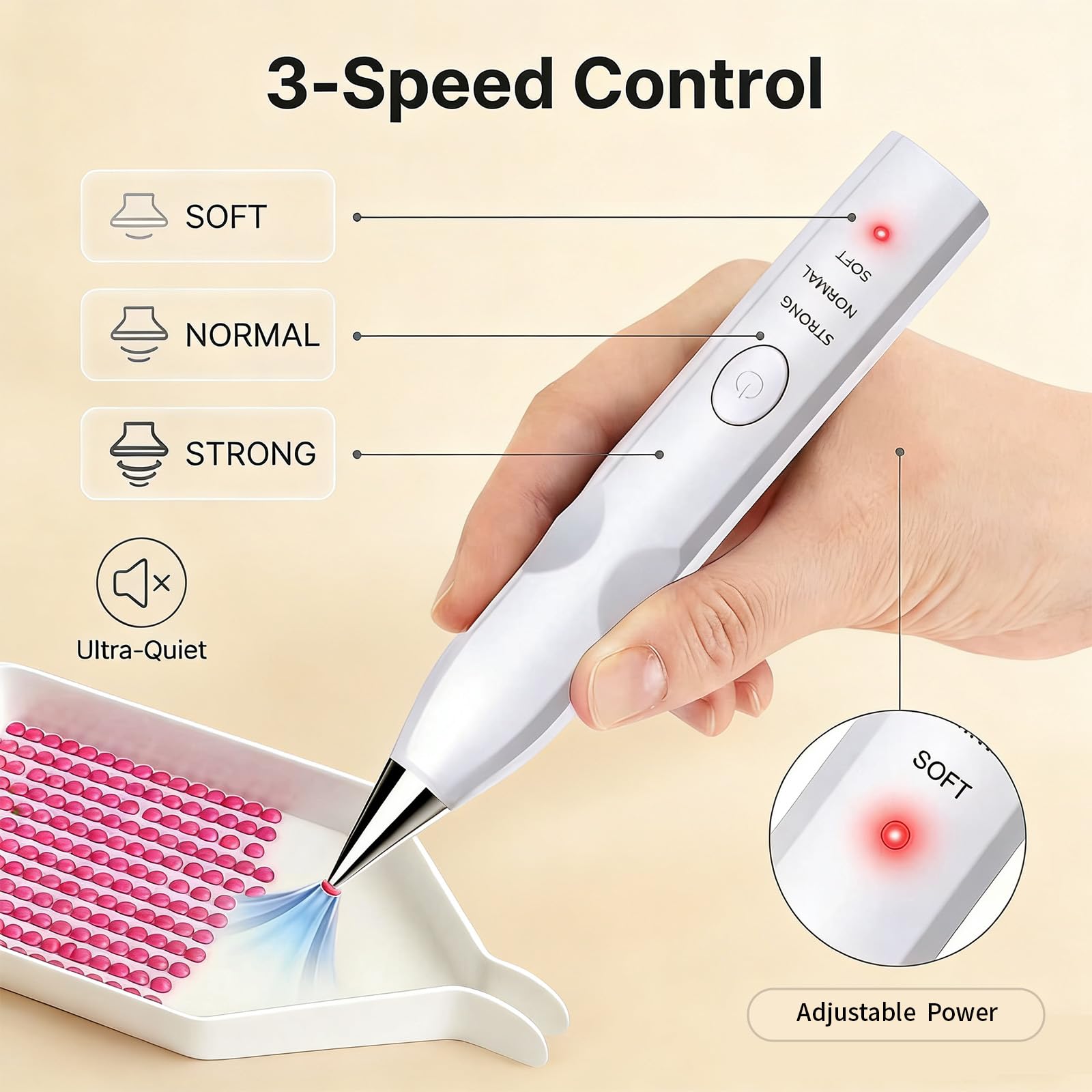 Electric Diamond Painting Pen. No-Wax Vacuum Pickup, Interchangeable Tips,USB-C Rechargeable Cordless Diamond Art Tool with Low-Noise, 2 Suction Levels for Serious Diamond Painting Lovers.(White) - 5