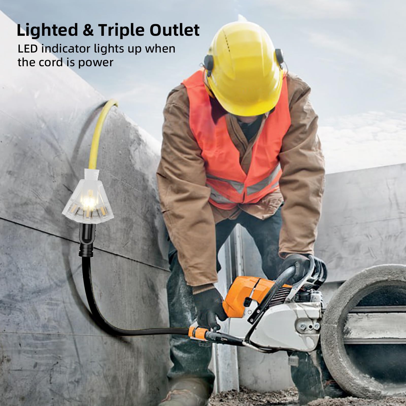 Cable de extensión para exteriores de 25 pies con múltiples tomas, calibre 12, cable de extensión amarillo impermeable con 3 tomas, cable de alimentación de 3 clavijas para luz