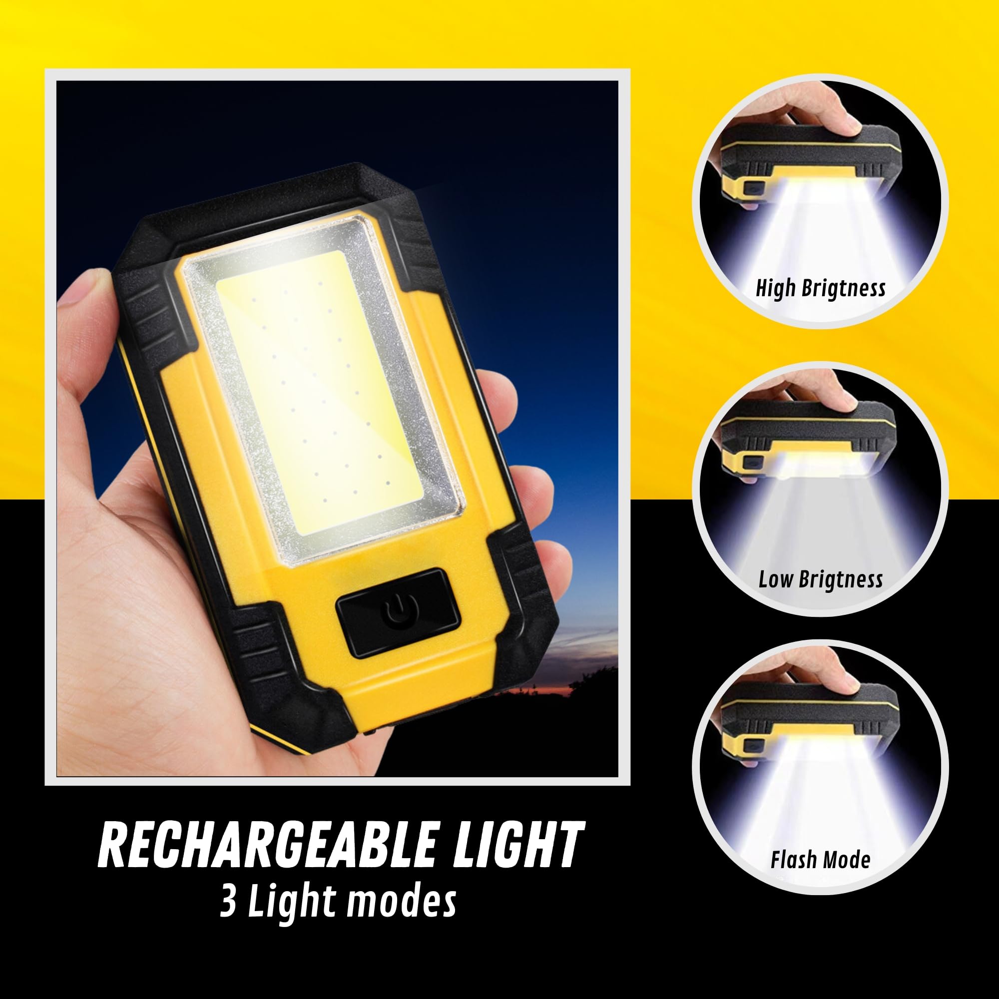2x Linterna COB LED con Gancho e Imán. Linterna Magnética de Taller con 3 Modos. Linterna Recargable para Hogar, Automóvil, Camping, Senderismo. 5W y 500LM. (Cable USB Incluido).