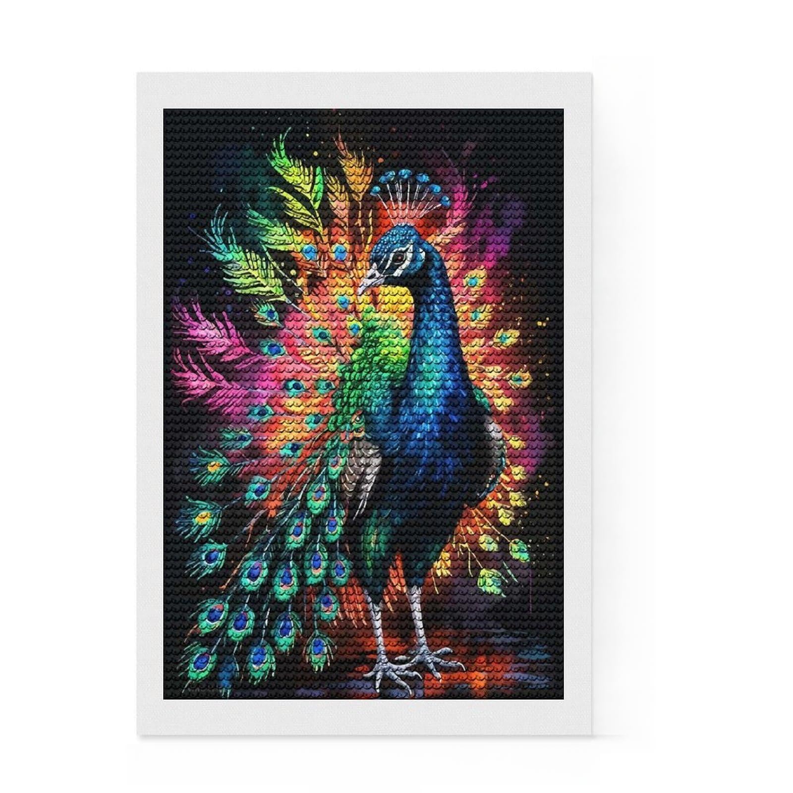 Junmoney Peacock Watercolor Art Diamond Painting Kit 8"x12", Birthday Gift, for Teens, Adhesive Canvas, Vintage Style Decor, Relaxing DIY Hobby