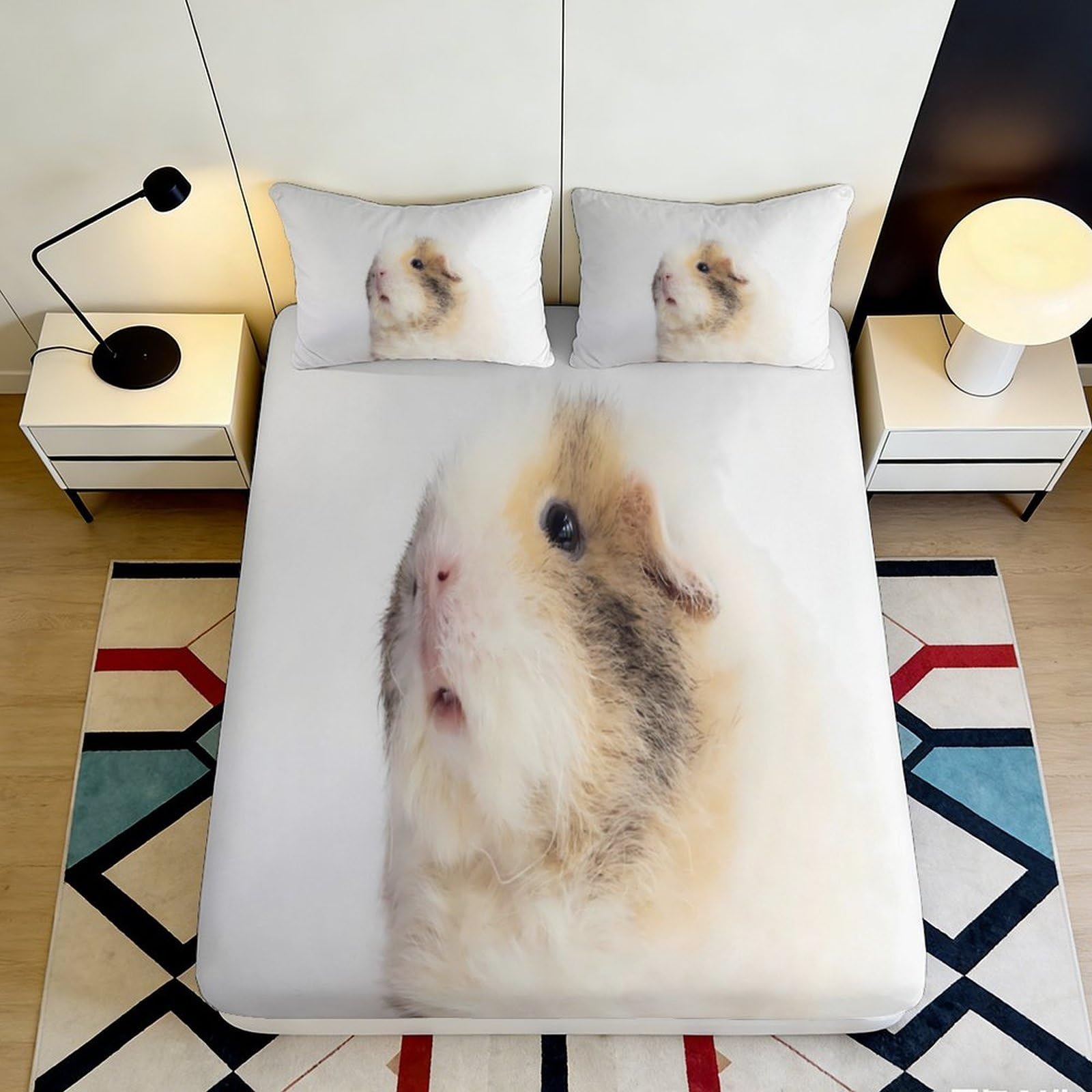 3D Printed Guinea Pig Fitted Sheet Microfiber Soft Breathable Cute Rodent Bed Cover for Bedroom Dormitory Guest Room Mattress Protection Decor 120x200x25cm