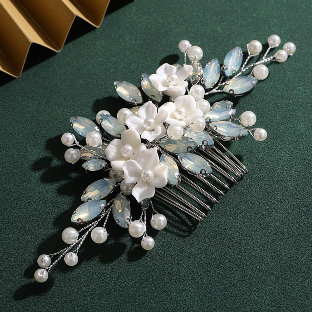 Opal Crystal Hair Comb with White Flower Silver Hair Piece for Wedding Brides Bridesmaid Special Occasion Hair Accessories (Silver and Opal) - Image 3