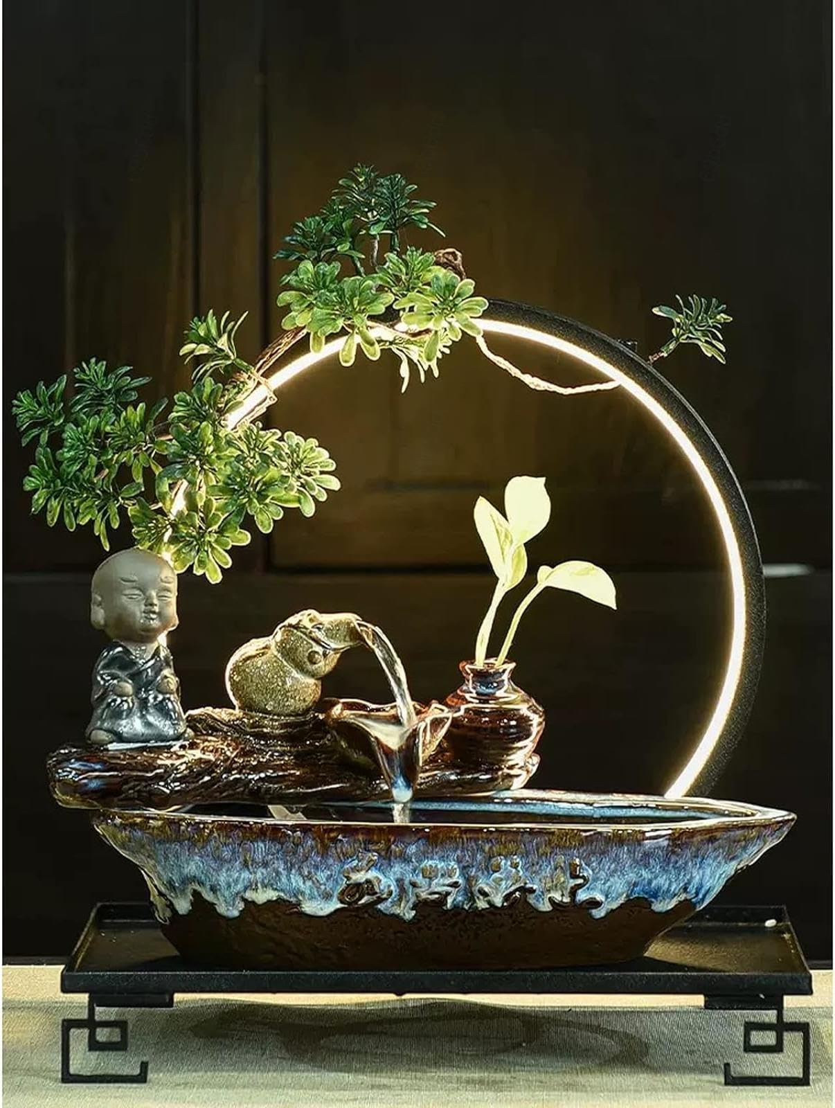 Tischbrunnen für drinnen, Wasserfall mit runder LED-Beleuchtung – Zen-Meditationsbrunnen mit Buddha-Motiv und künstlichen Pflanzen, Feng-Shui-Dekor für Glück und Wohlstand