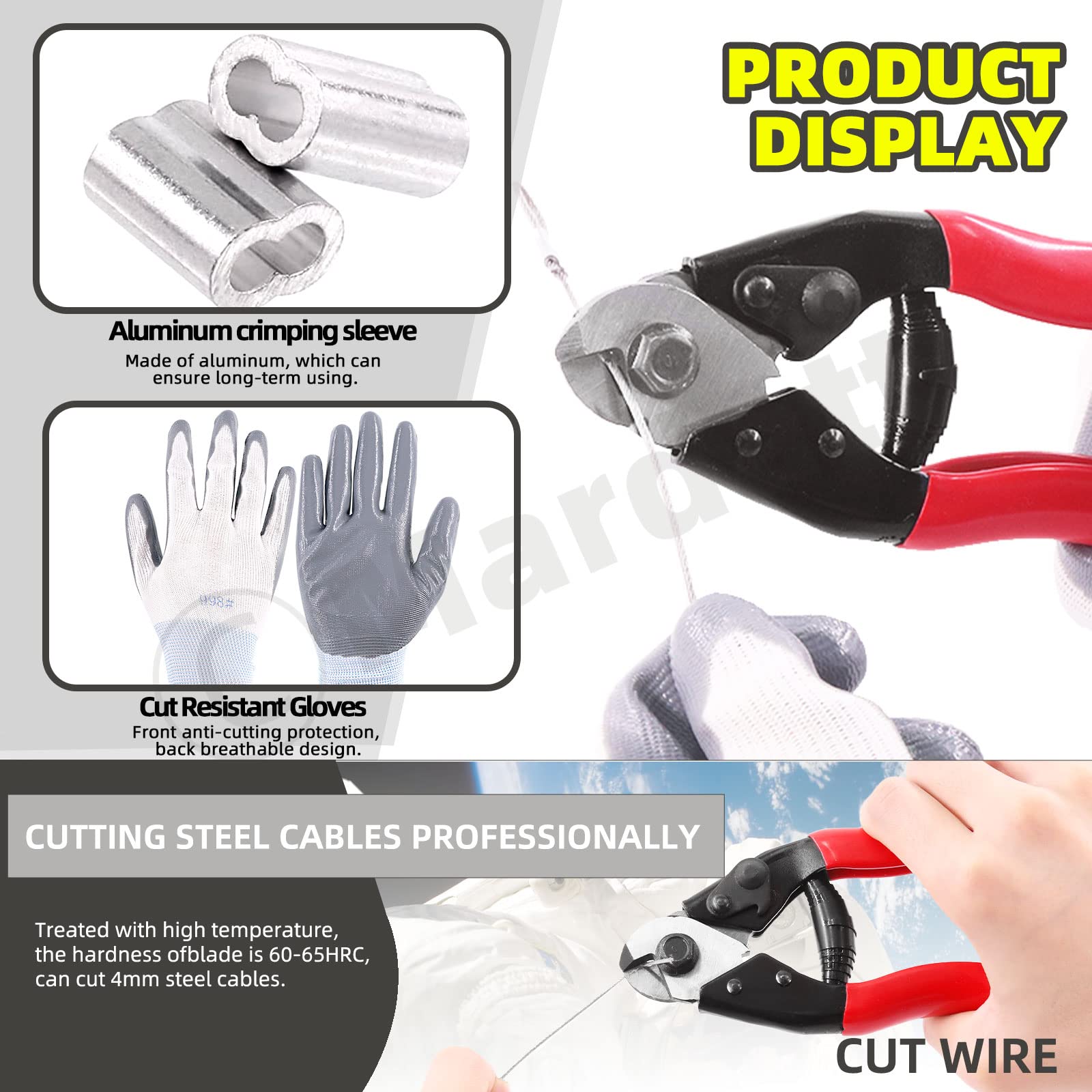 122Pcs Cable Wire Rope Crimping Tool Includes 8" Cable Cutter, 5 Sizes Aluminum Crimping Loop Sleeve & Wire Cable Thimbles and Anti-Cutting Gloves for Bike Brakes Cable Railing