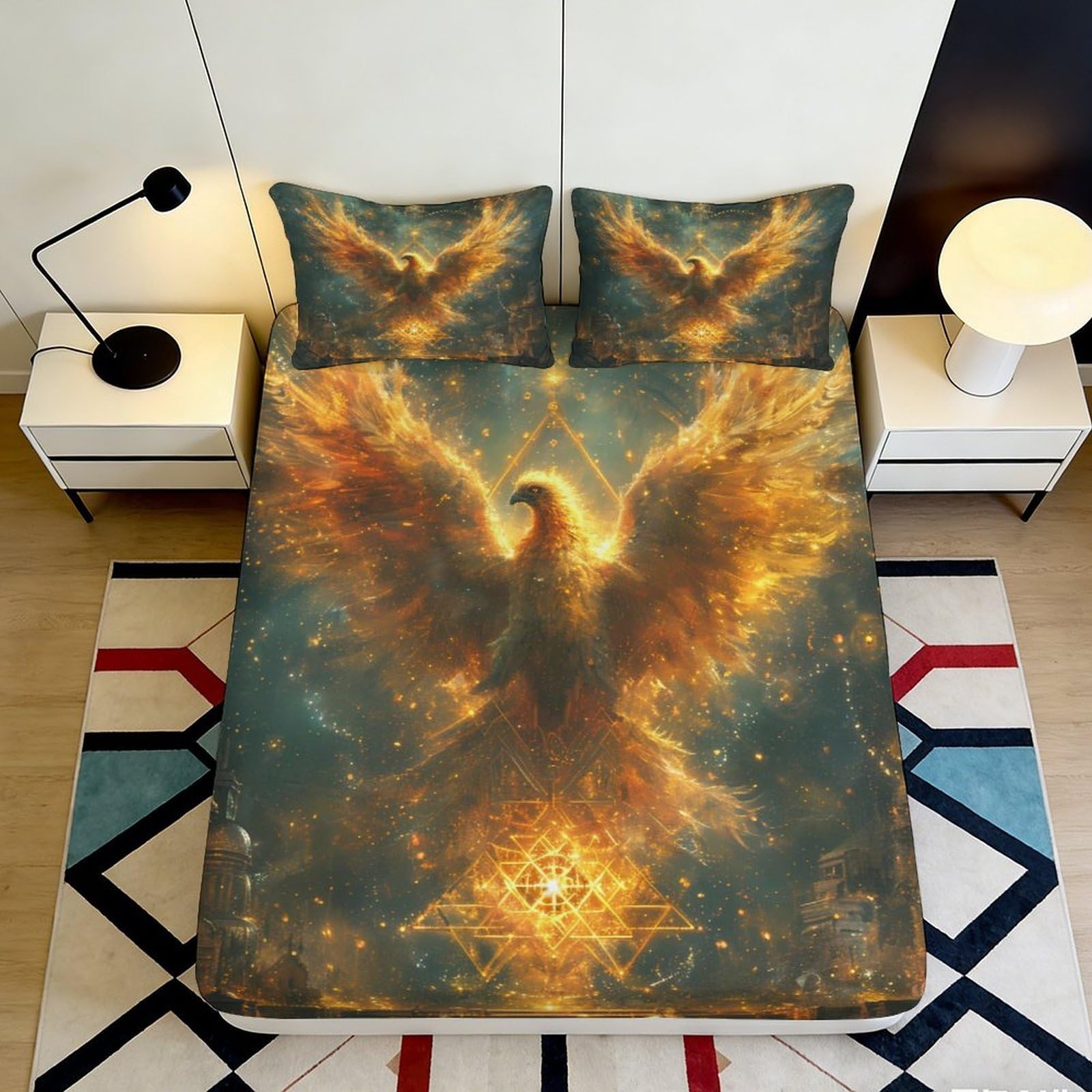 Dhbaneiok Style-1 3D Printed Fiery Phoenix Fitted Sheet Microfiber Anti-Slip Bed Cover Golden Flame Bedroom Dorm Decor 90X200x25cm