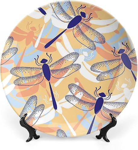 Miniatura 8 de Plato decorativo de 10 pulgadas, plato de cerámica de libélula, flores de nenúfares y libélulas, placa de exhibición de adorno de impresión