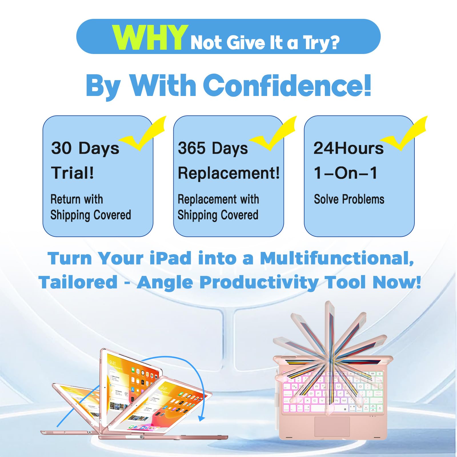 BABG iPad 9th Generation Case with Keyboard,360° Rotatable,Touchpad,Backlit Keyboard with Pencil Holder for 10.2 inch iPad 9th Gen 2021/ 8th Gen 2020/7th Gen 2019 and iPad Air 3/Pro 10.5"-: Rose Gold