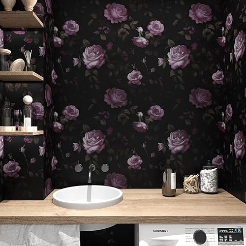 Miniatura 5 de Papel tapiz floral negro para despegar y pegar, papel tapiz de vinilo para pegar y pelar, papel de contacto rosa oscuro para gabinetes, papel de
