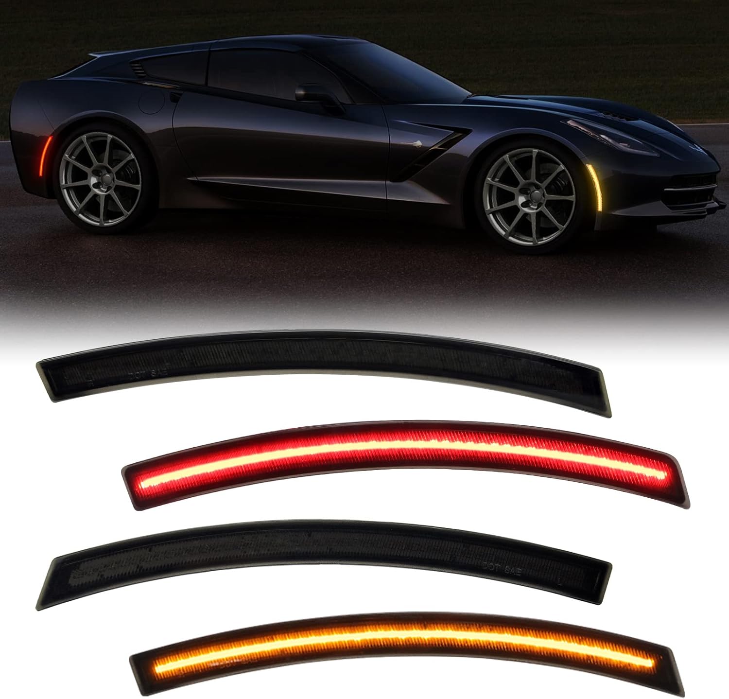 R&F Auto 4PCS Smoked Lens LED Front Rear Side Marker Lights Compatible with Corvette C7 (2014-2019) /Grand Sport/Stingray/Z06 /ZR1 Amber Red LED Sidemarker Lamps Bumper Turn Signal Lights