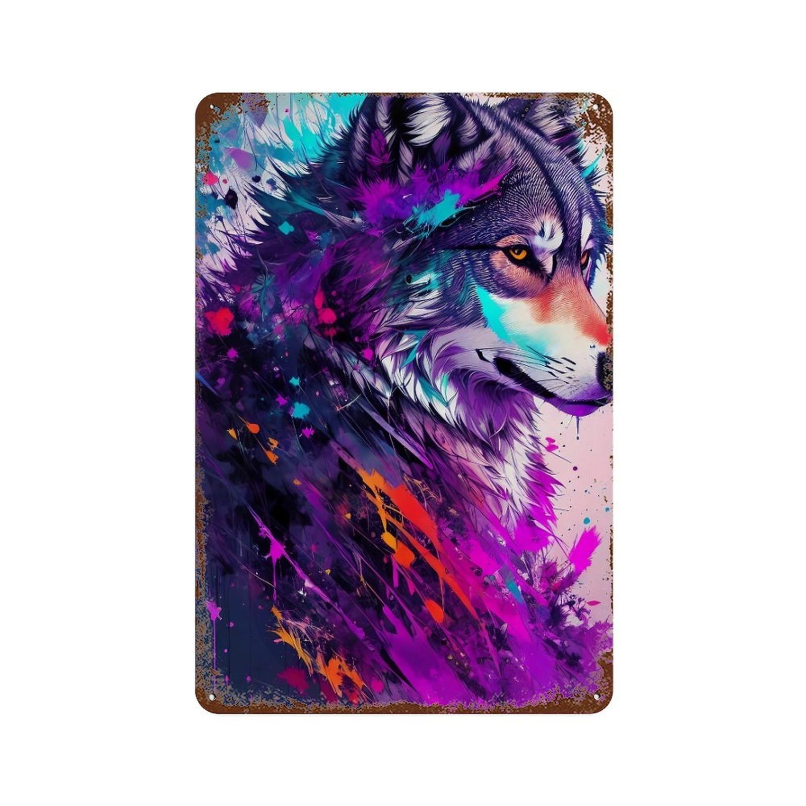 Vintage Rust Metal Sign Colorful Wolf Art Print-3 11.8"x7.9", Vintage Wall Decor for Office, Studio And Wall Decor