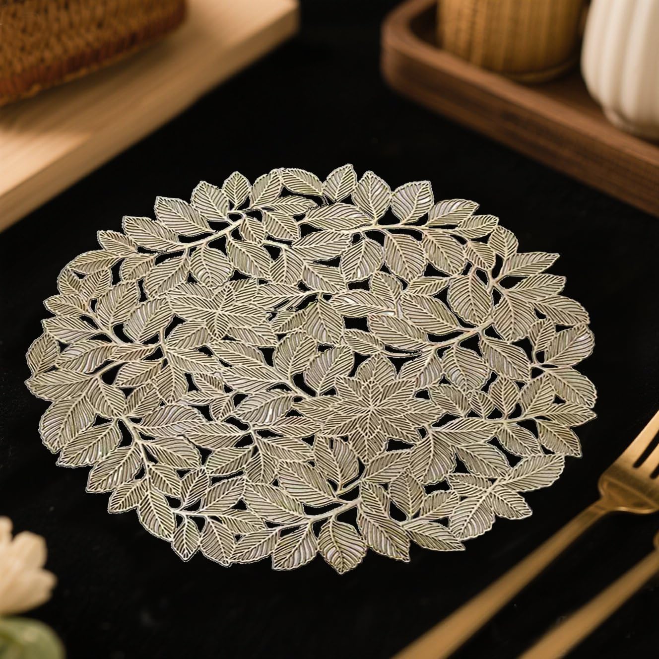 ABREEZE Golden European Leaf Round Heat-Resistant PVC Placemats Set of 2– Embossed Floral Design, Soft Flexible Table Protectors for Dining & Home Decor, 15 Inch,